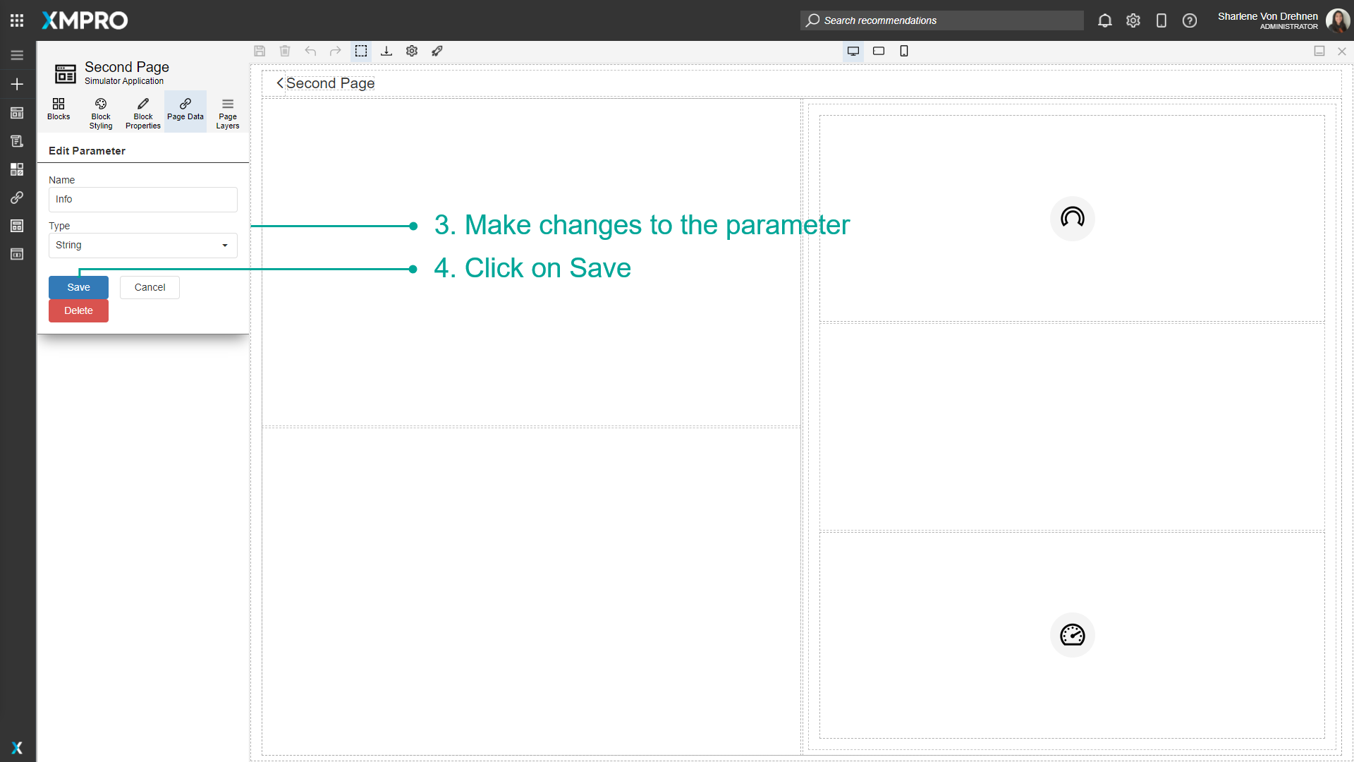 Screenshot of the Edit Parameter dialog box. The parameter's name and type can be modified, and Save and Cancel buttons are available at the bottom of the dialog.