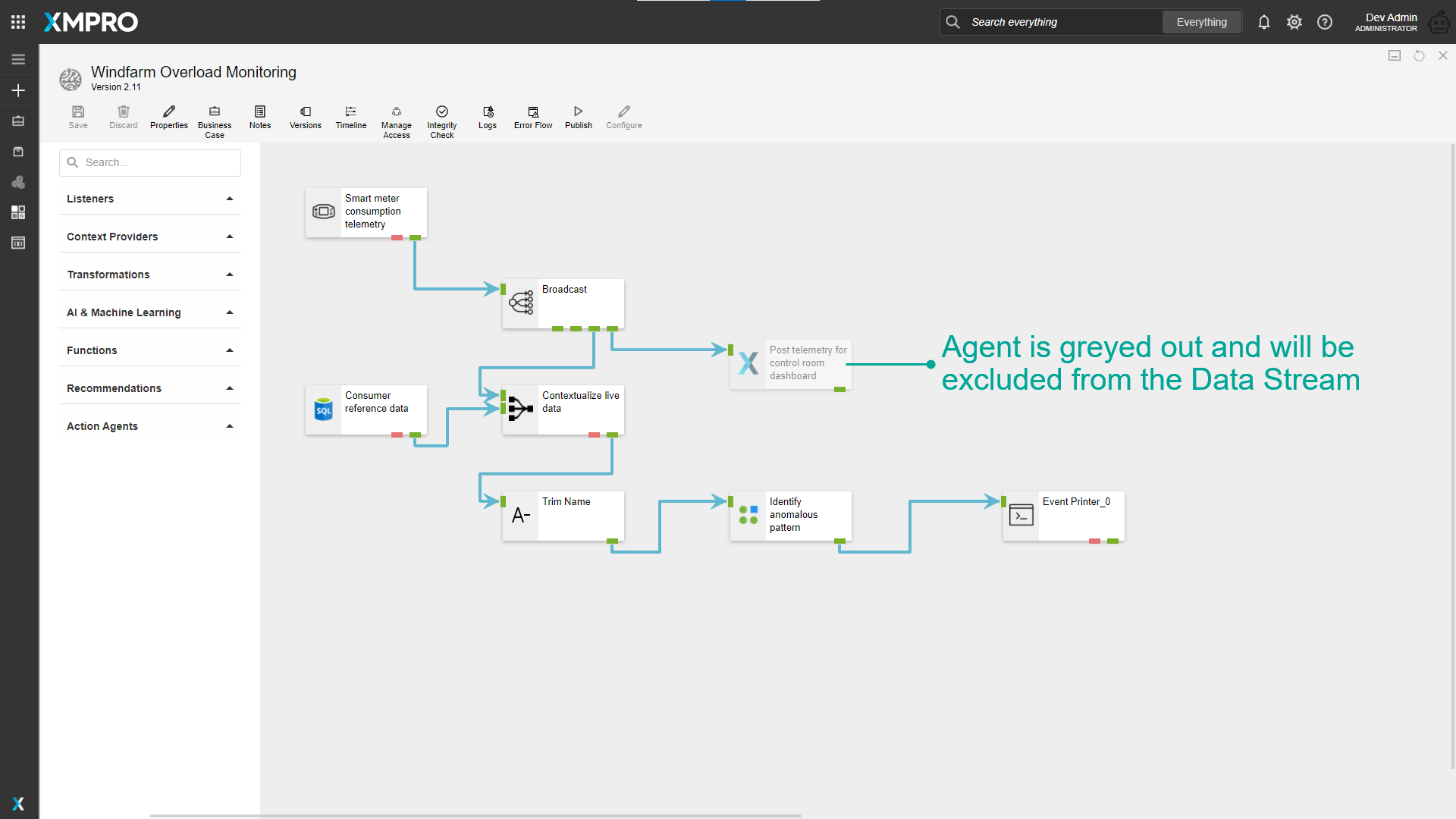 Disabled stream object appears greyed out