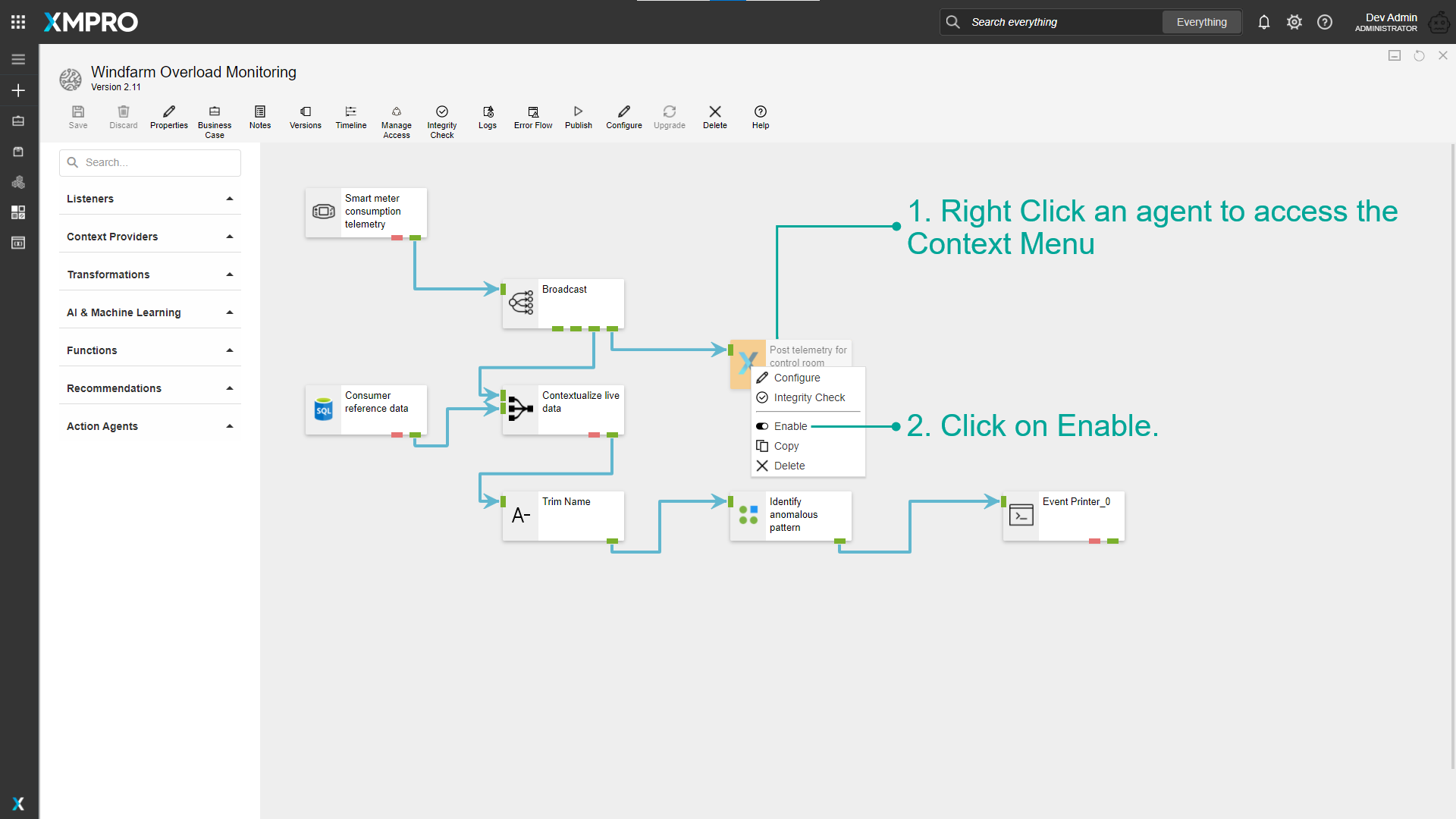 Selecting the Enable option from the context menu