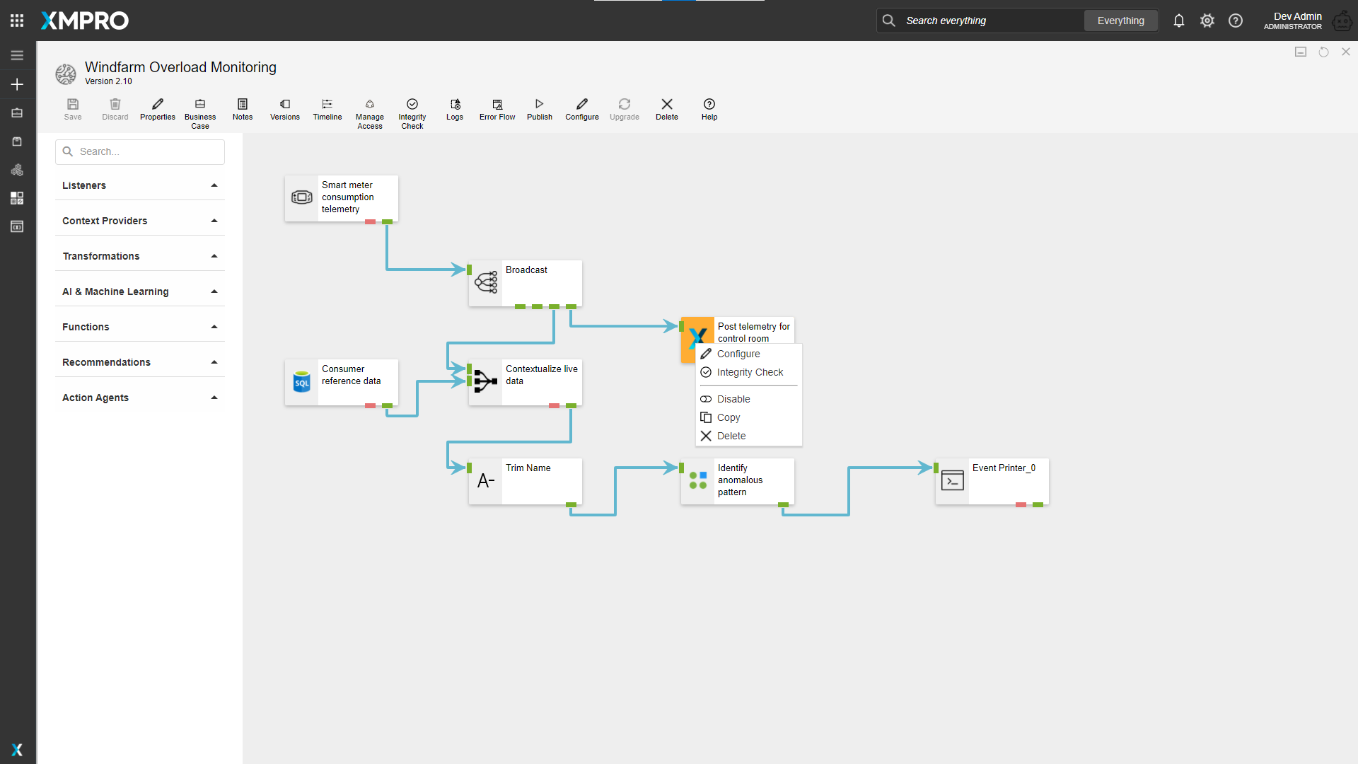 The context menu that appears when right-clicking a stream object