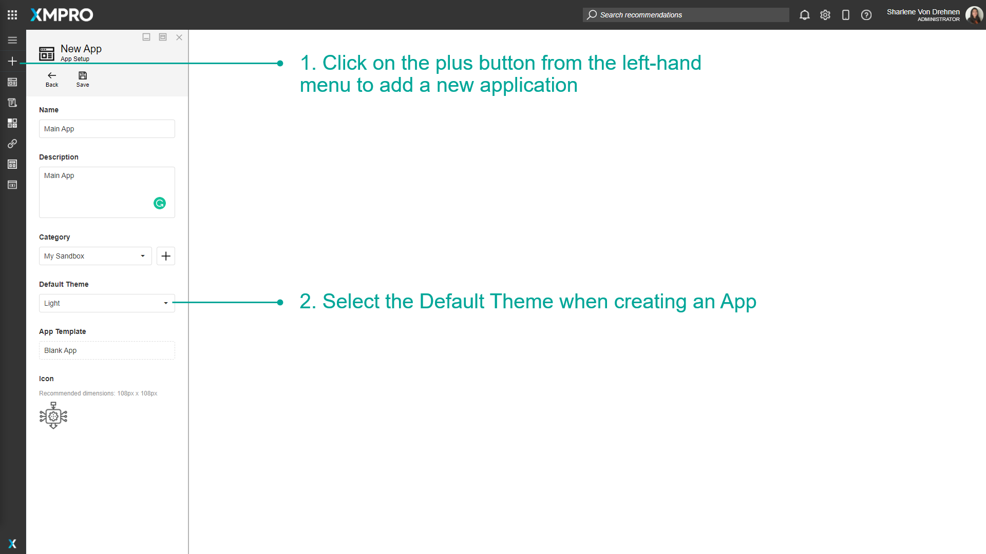 Application creation dialog showing Default Theme dropdown selection