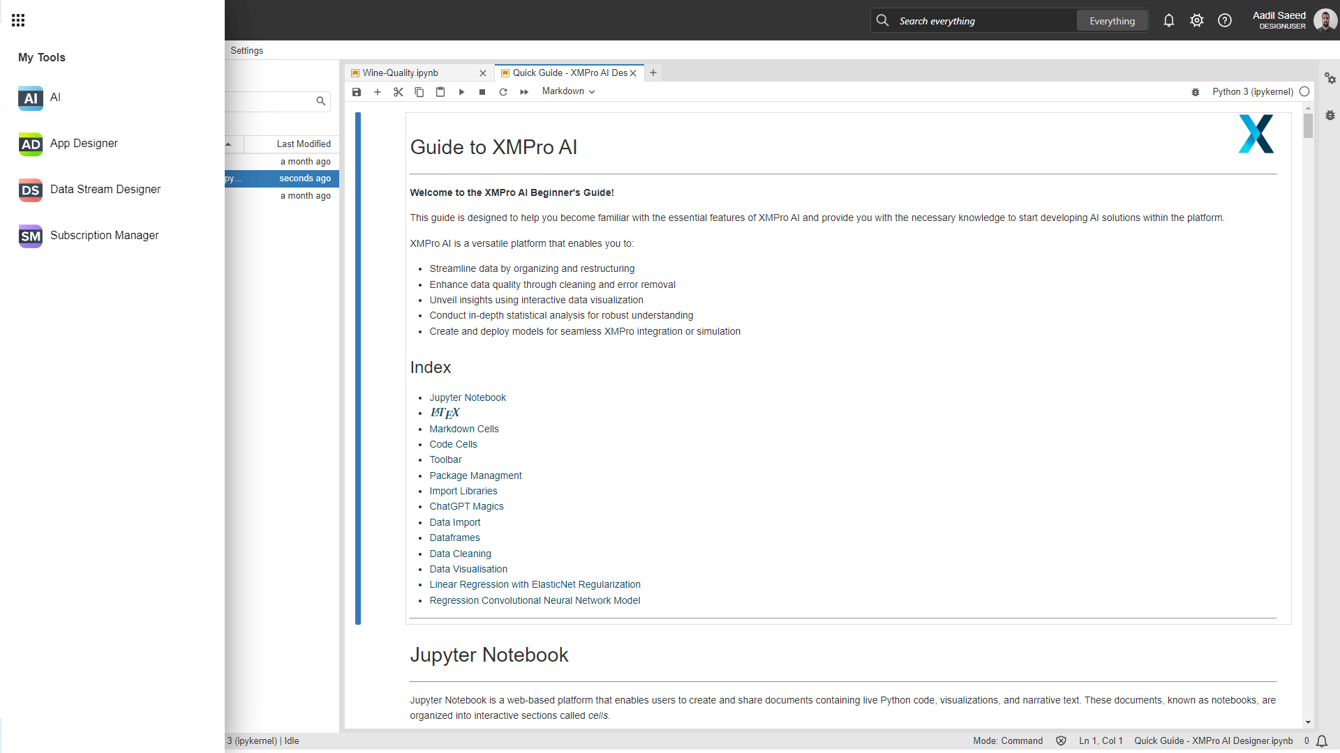 Fig 1: XMPro Notebook