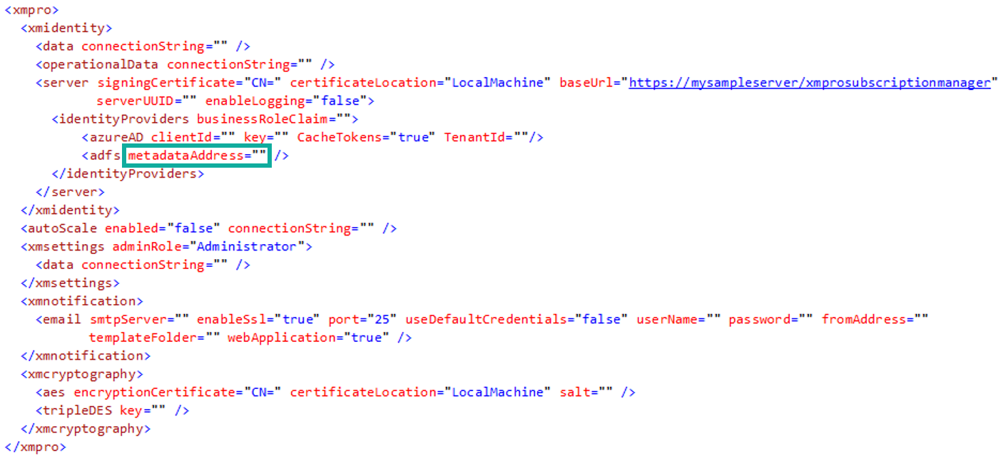 ADFS web config metadata address