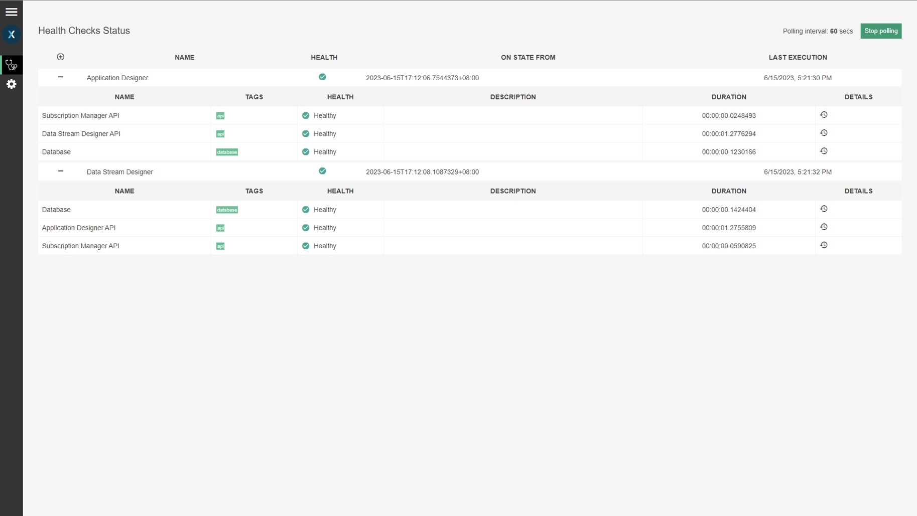 Fig 2: The default Health UI with example health checks on App Designer and Data Stream Designer.