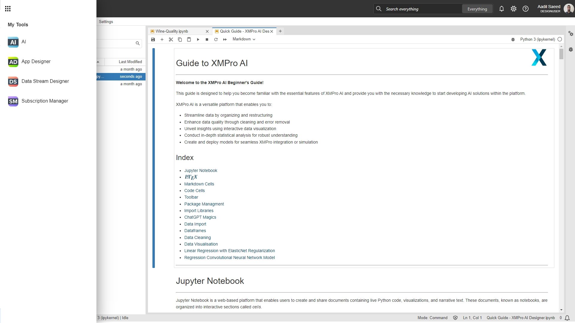 Fig 3: XMPro Notebook and the quick start landing page.