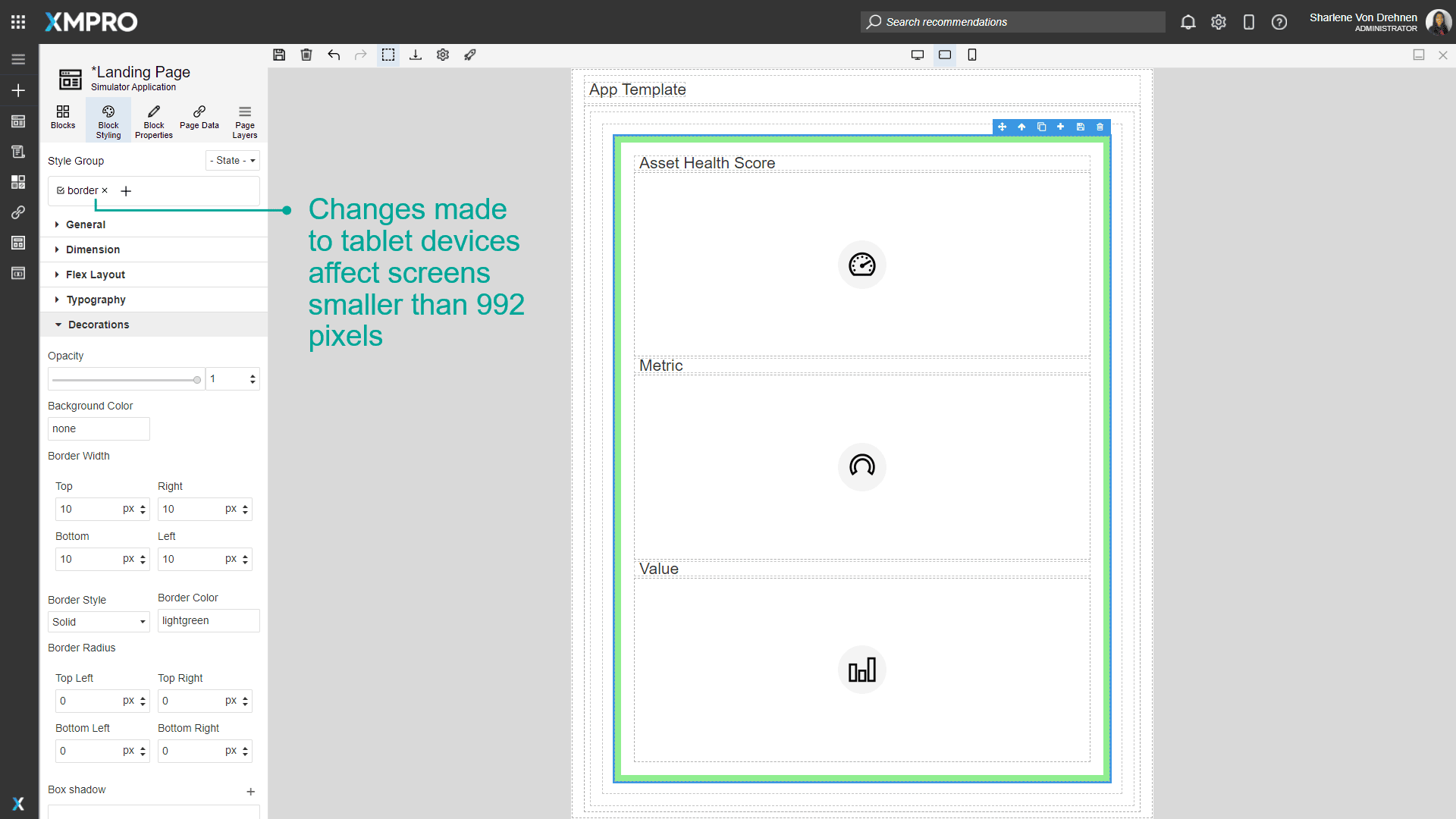 Tablet configuration panel showing style settings for medium screens