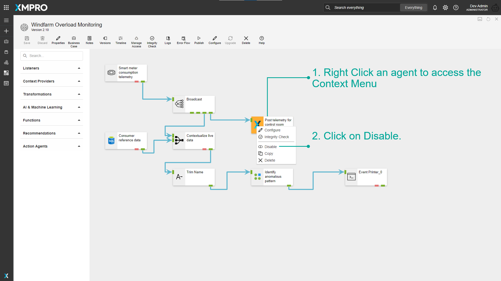 Selecting the Disable option from the context menu