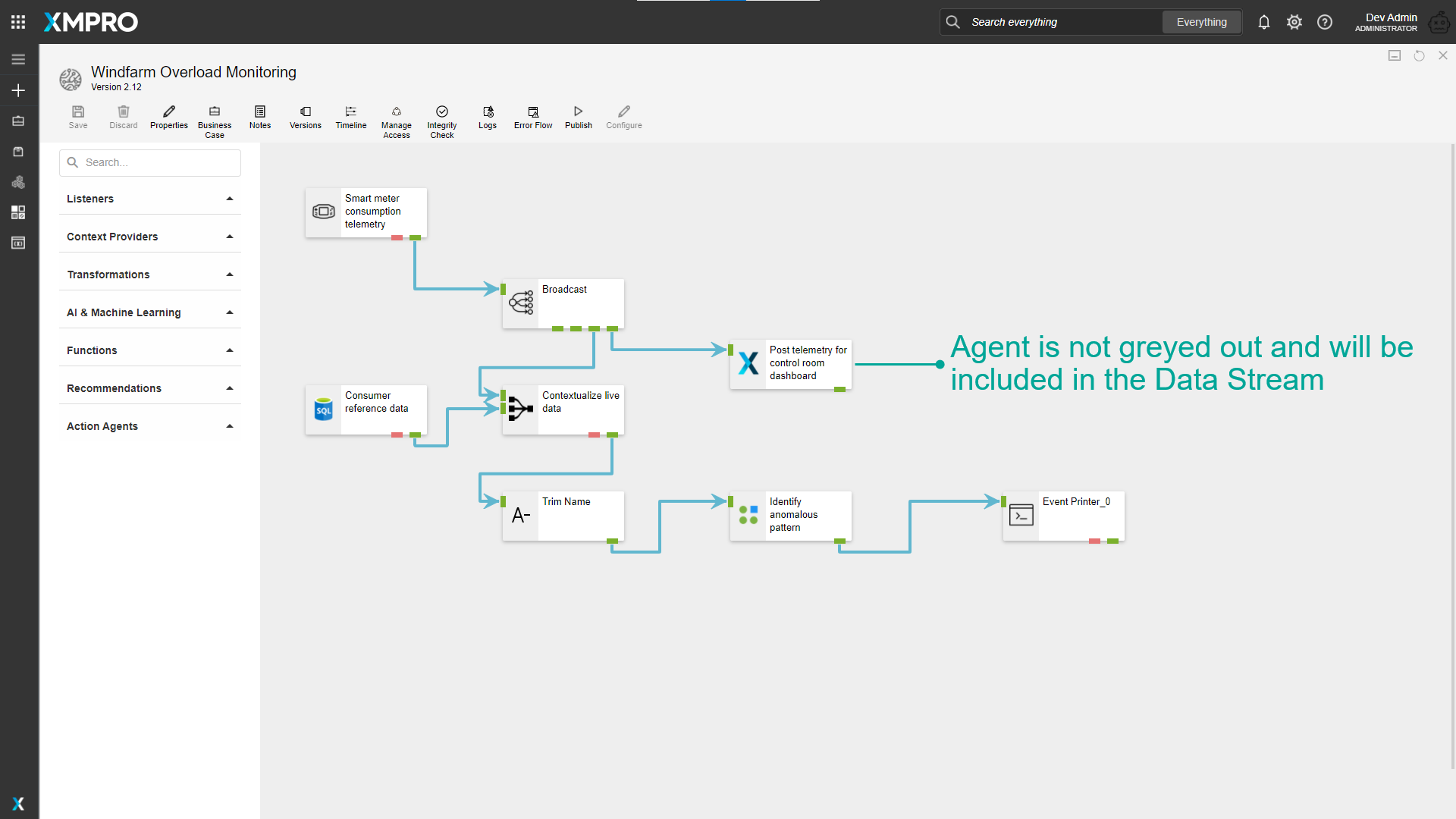 Enabled stream object appears normal (not greyed out)