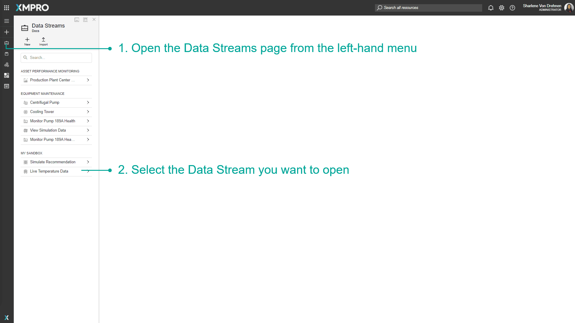 Opening a Data Stream from the left-hand menu