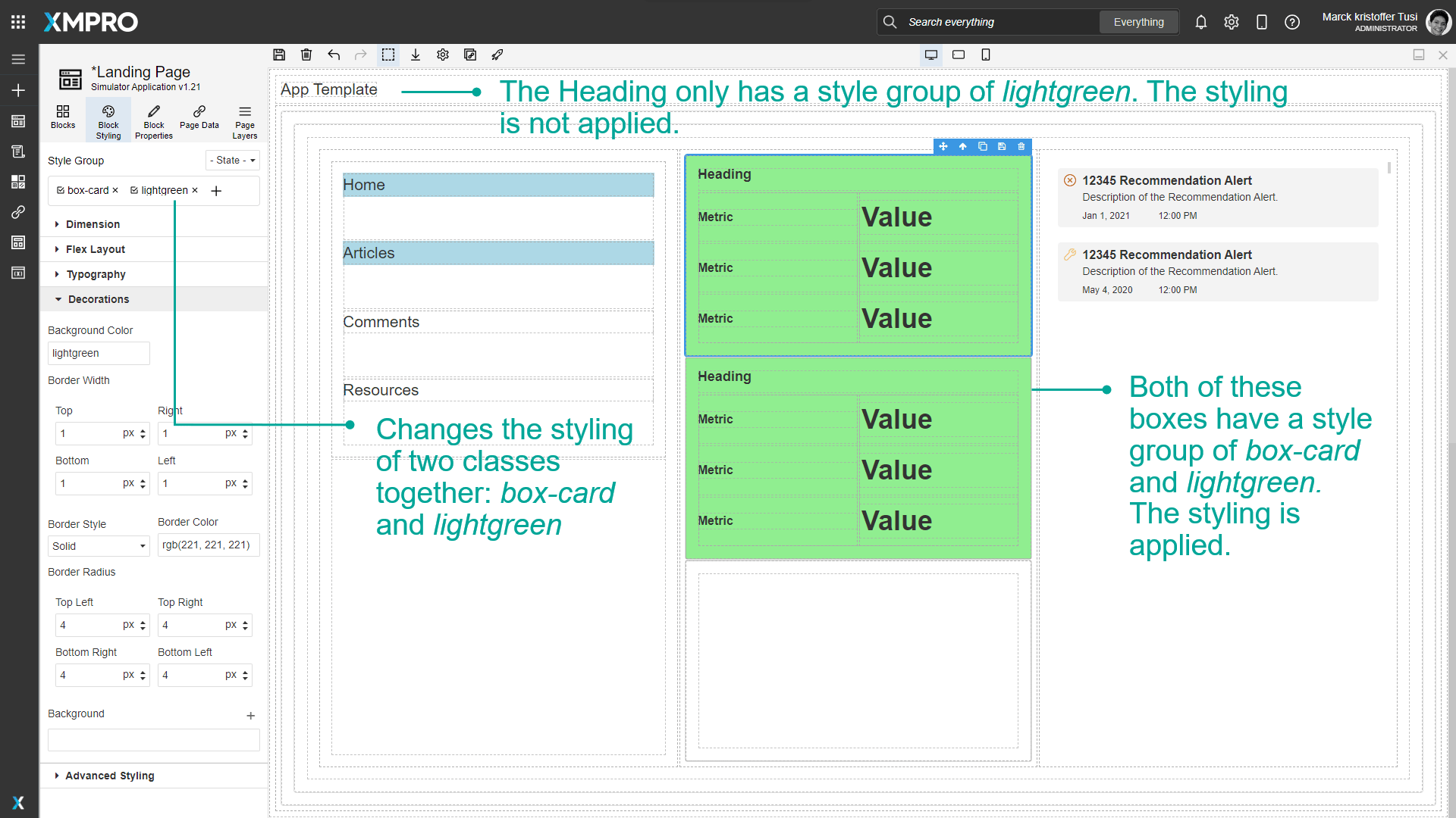 Blocks with both 'box-card' and 'lightgreen' style groups applied showing combined styling effects