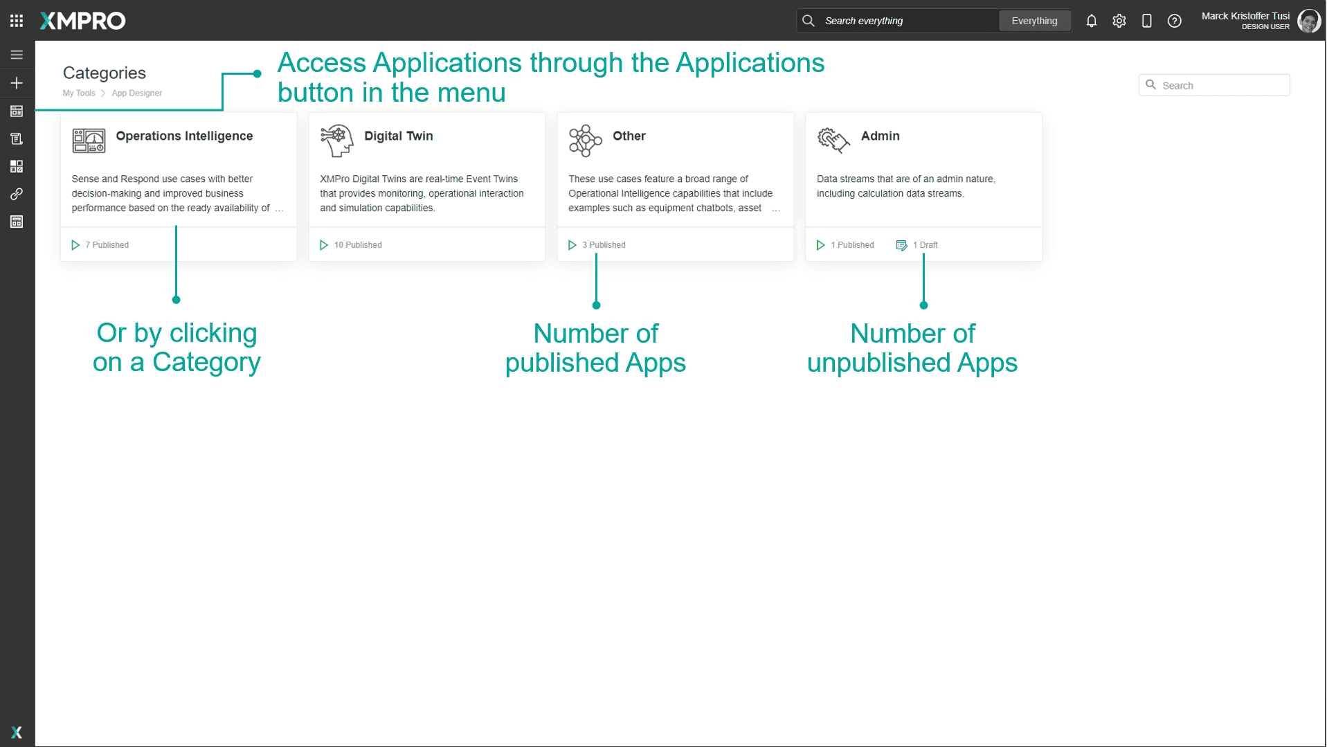 Categories dashboard showing app categories