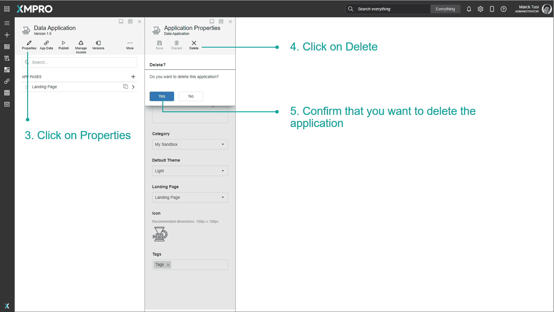 Delete application confirmation
