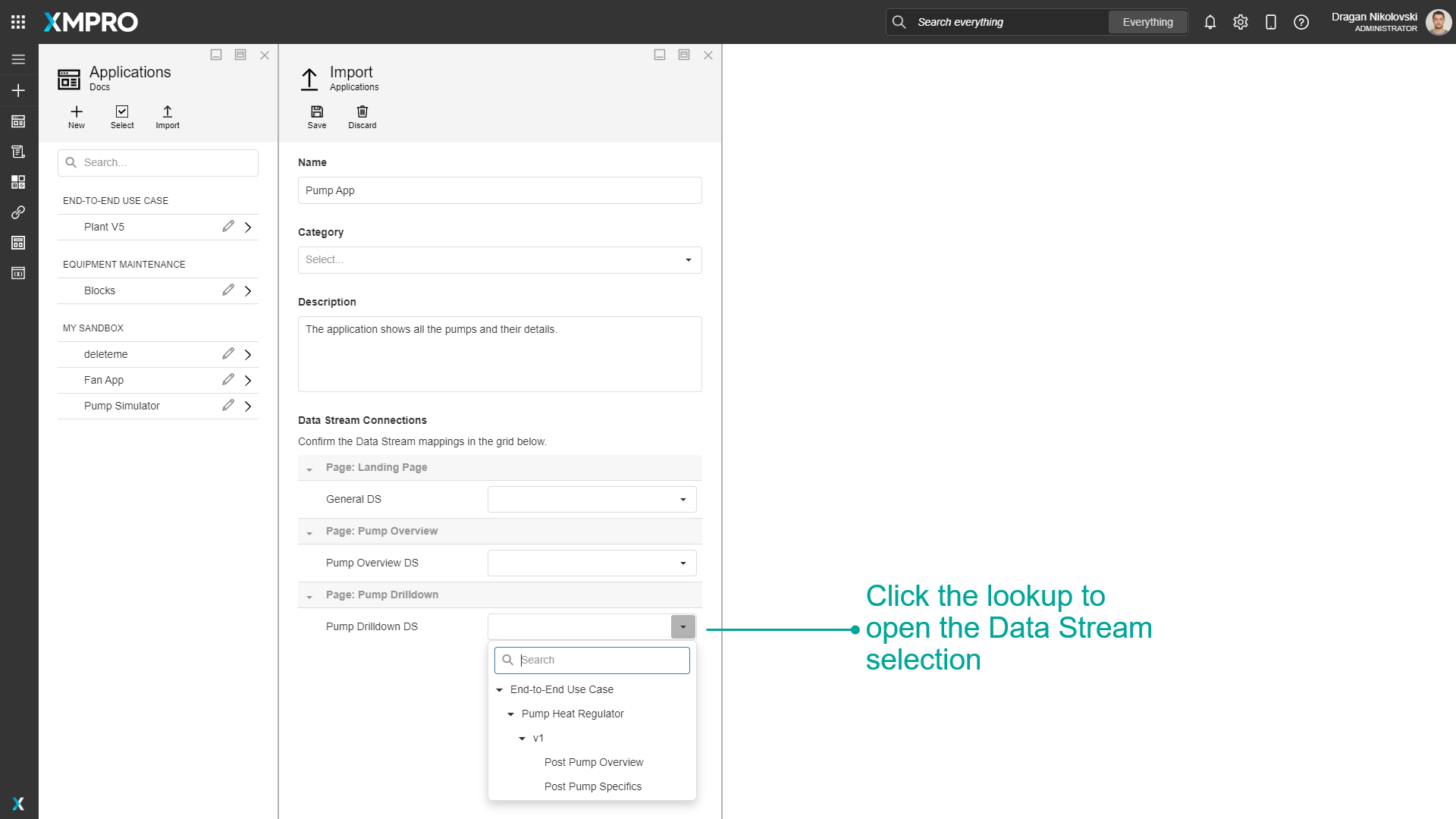 Importing an app with data stream connections