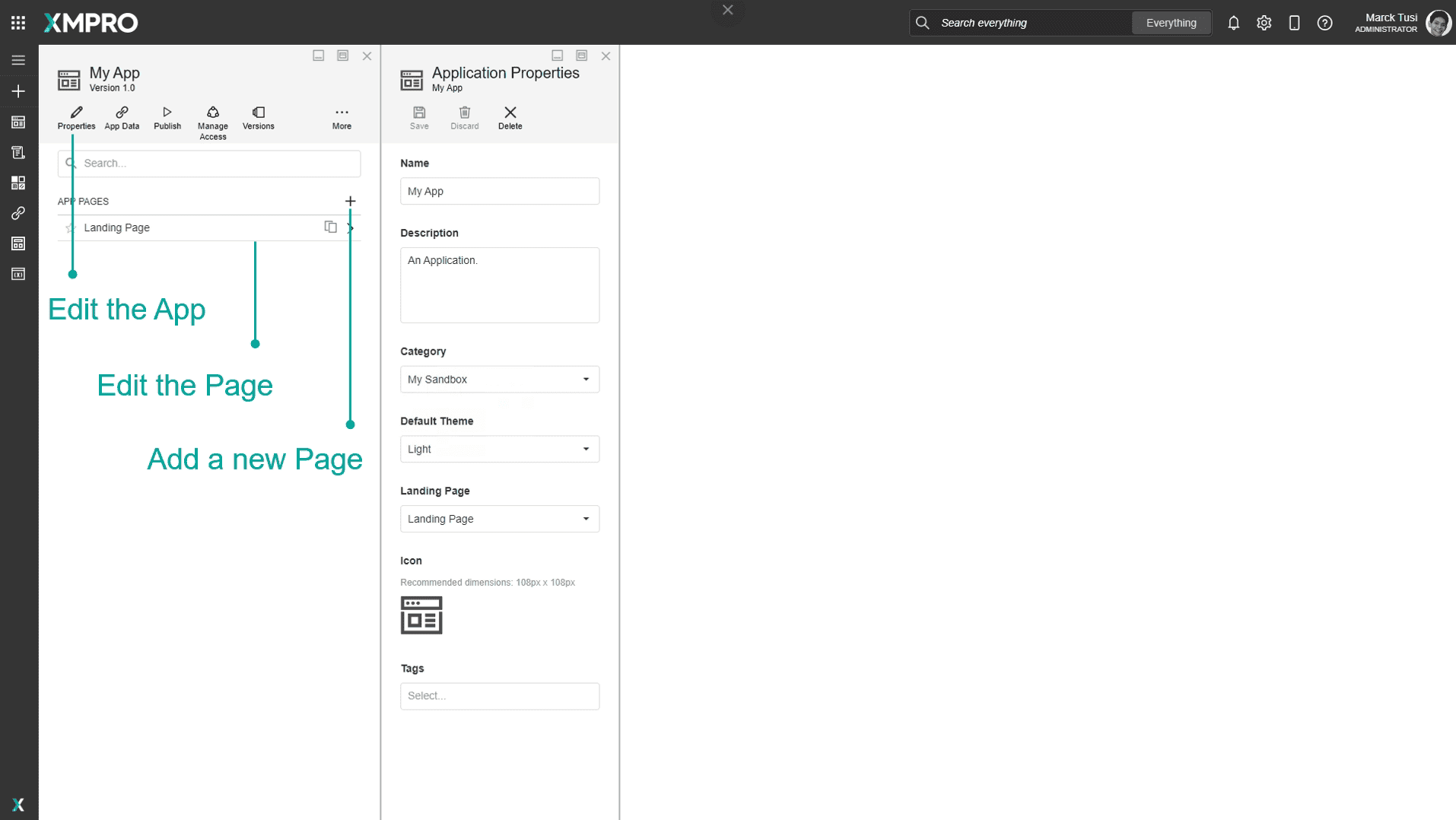 Edit page for an application