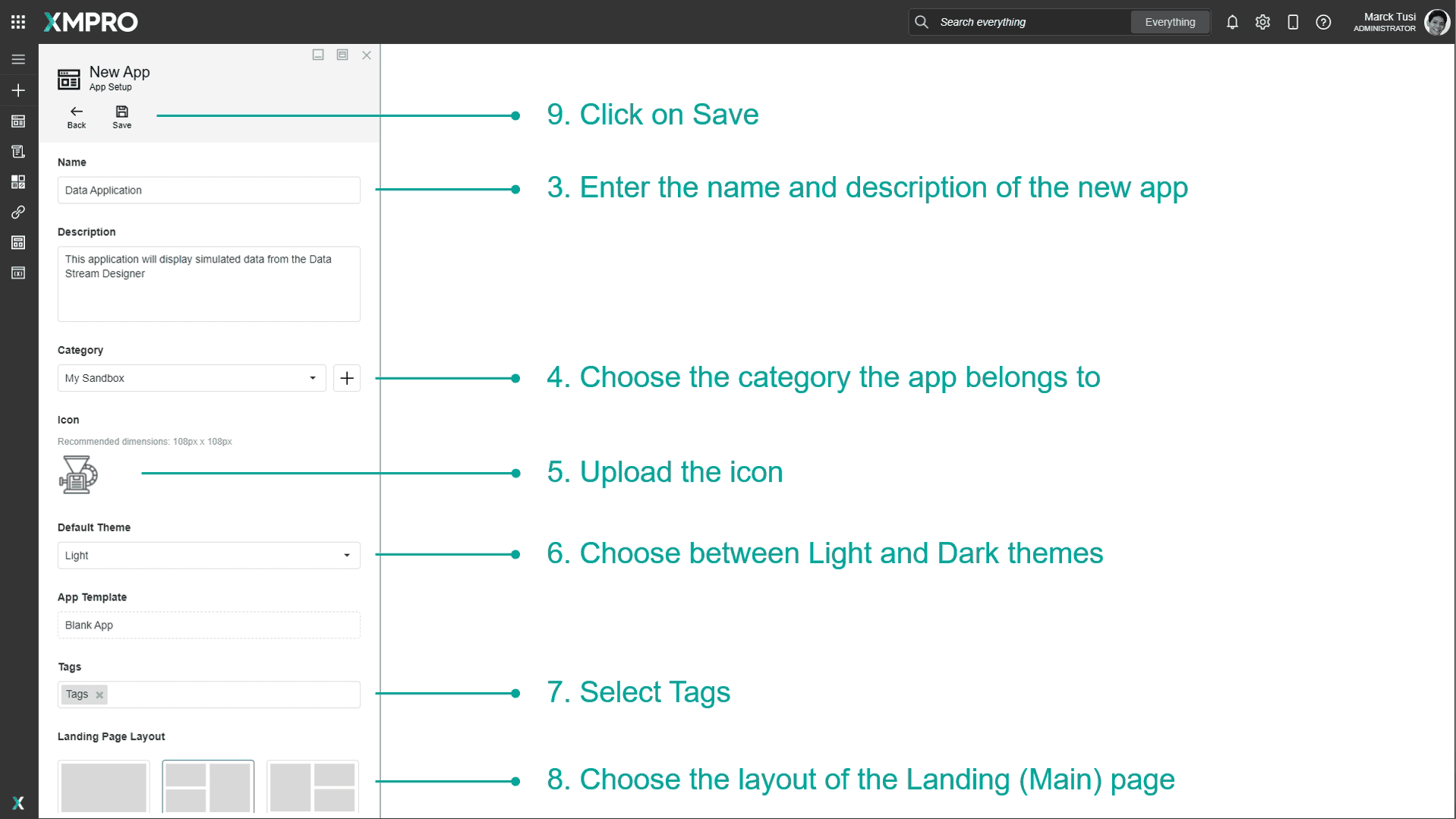 New application properties form