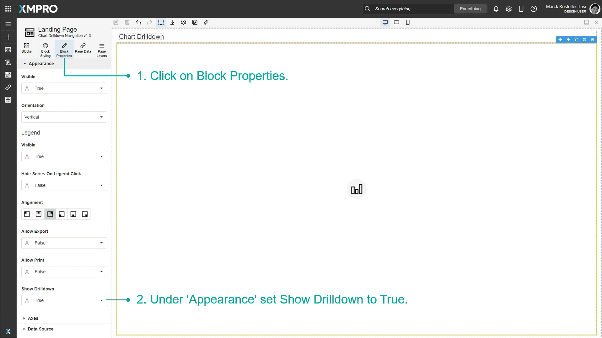 Screenshot of the Block Properties panel for a Chart component. The Appearance section is expanded, and the "Show Drilldown" toggle is turned on, enabling chart drilldown functionality.