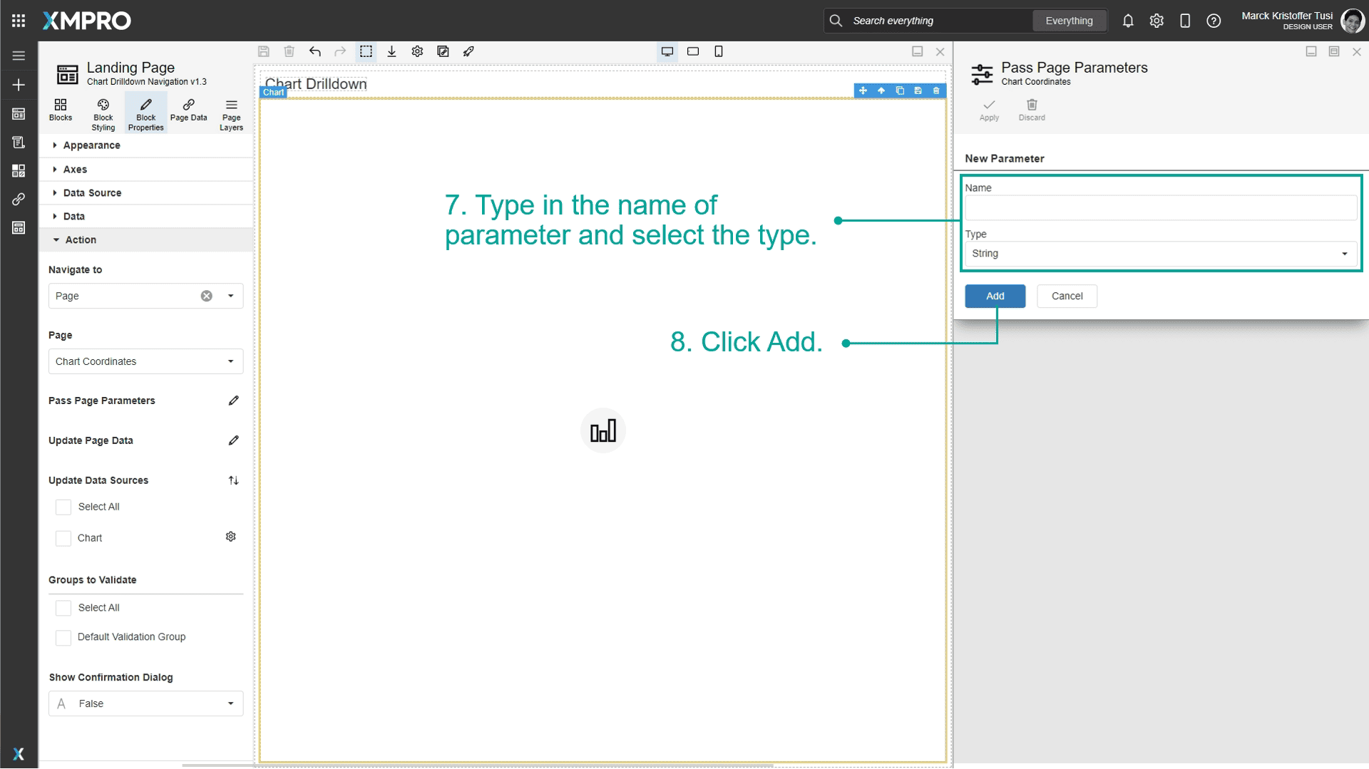 Screenshot of the parameter configuration in the Pass Page Parameters dialog. A new parameter is being created with a name and type specified, and the Add button is highlighted.