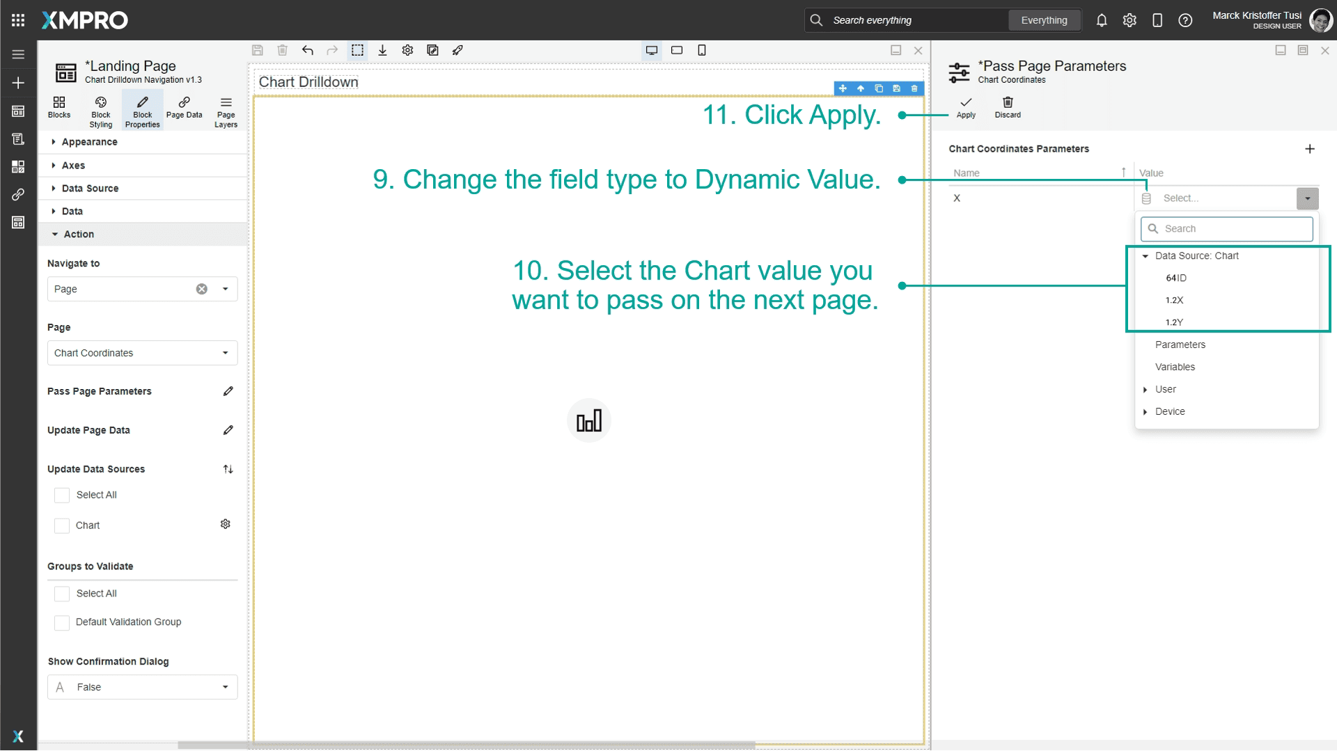 Screenshot showing the dynamic value configuration for a chart parameter. The dropdown menu shows available chart values like "Category", "Series", and "Value" that can be passed to the parameter.