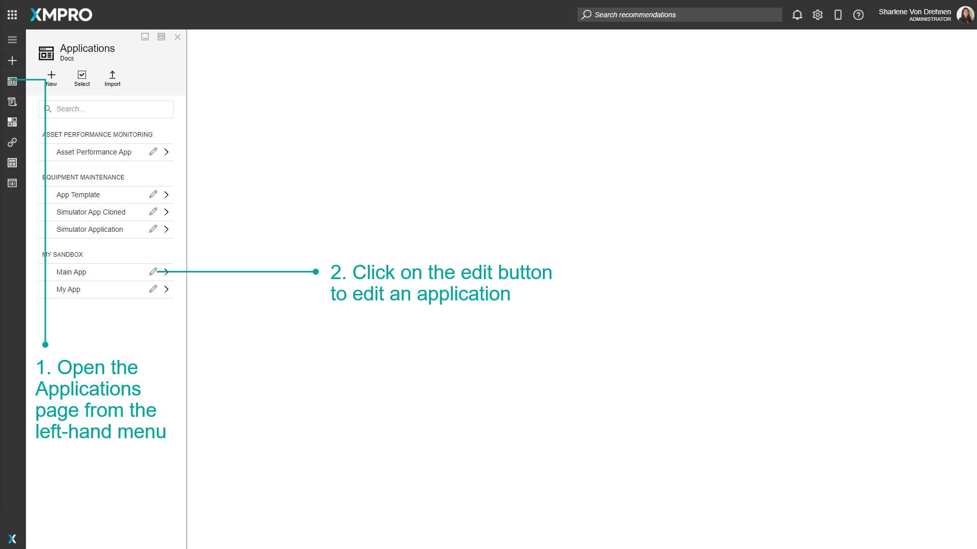 Screenshot showing the application editor with the main navigation panel on the left. The Applications section is highlighted, showing where to access the list of applications.
