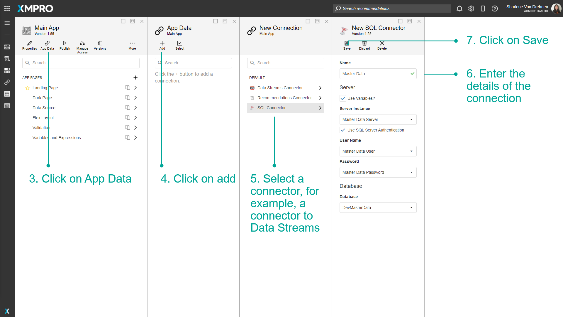 Screenshot of the connection configuration dialog. The SQL connector is selected, and a form is displayed with fields for connection details including server name, authentication type, database name, username and password. The Save button is highlighted at the bottom.