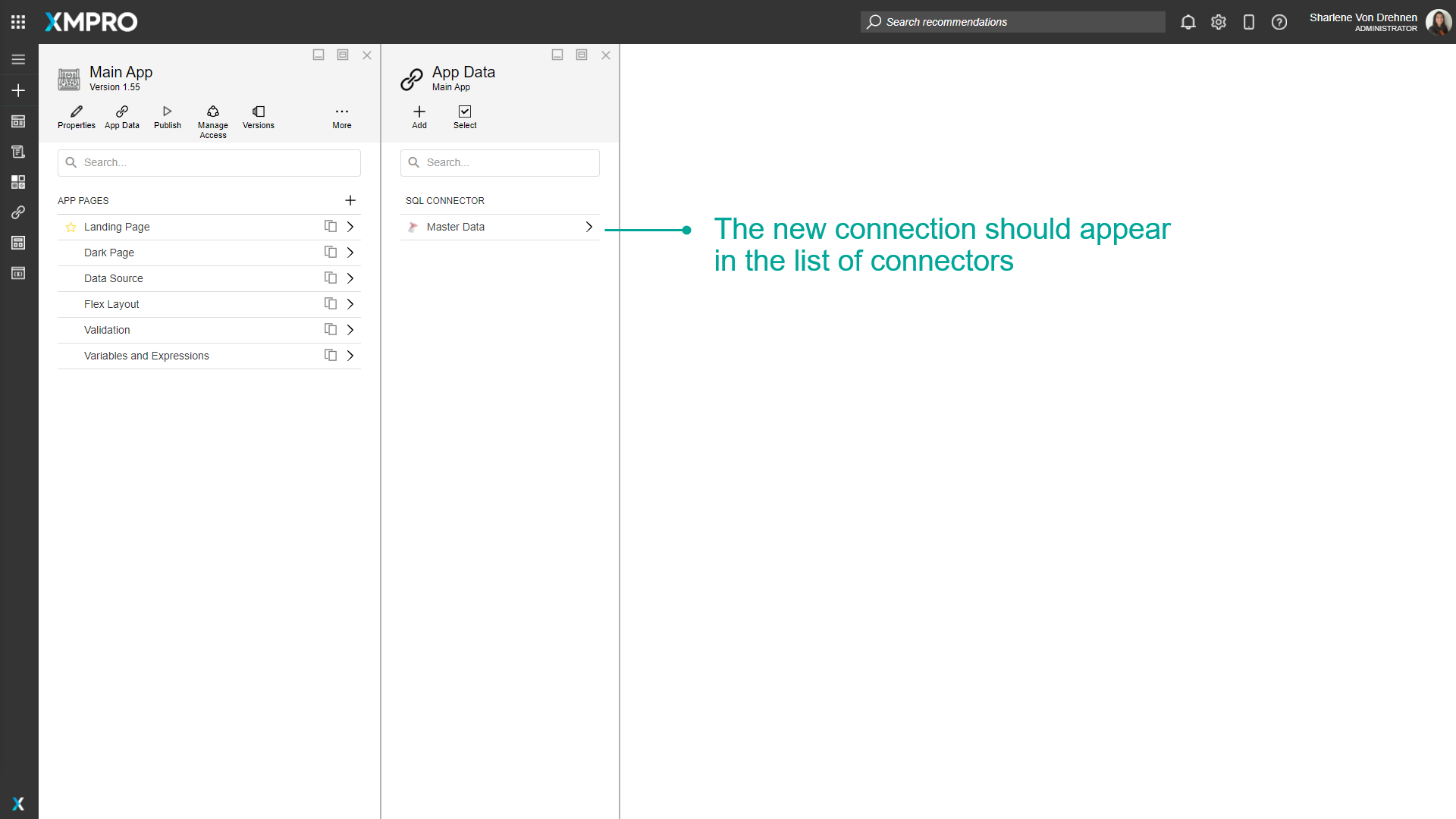 Screenshot of the App Data panel showing a list of existing connections. A newly added SQL connection appears in the list with its name, type, and description visible.