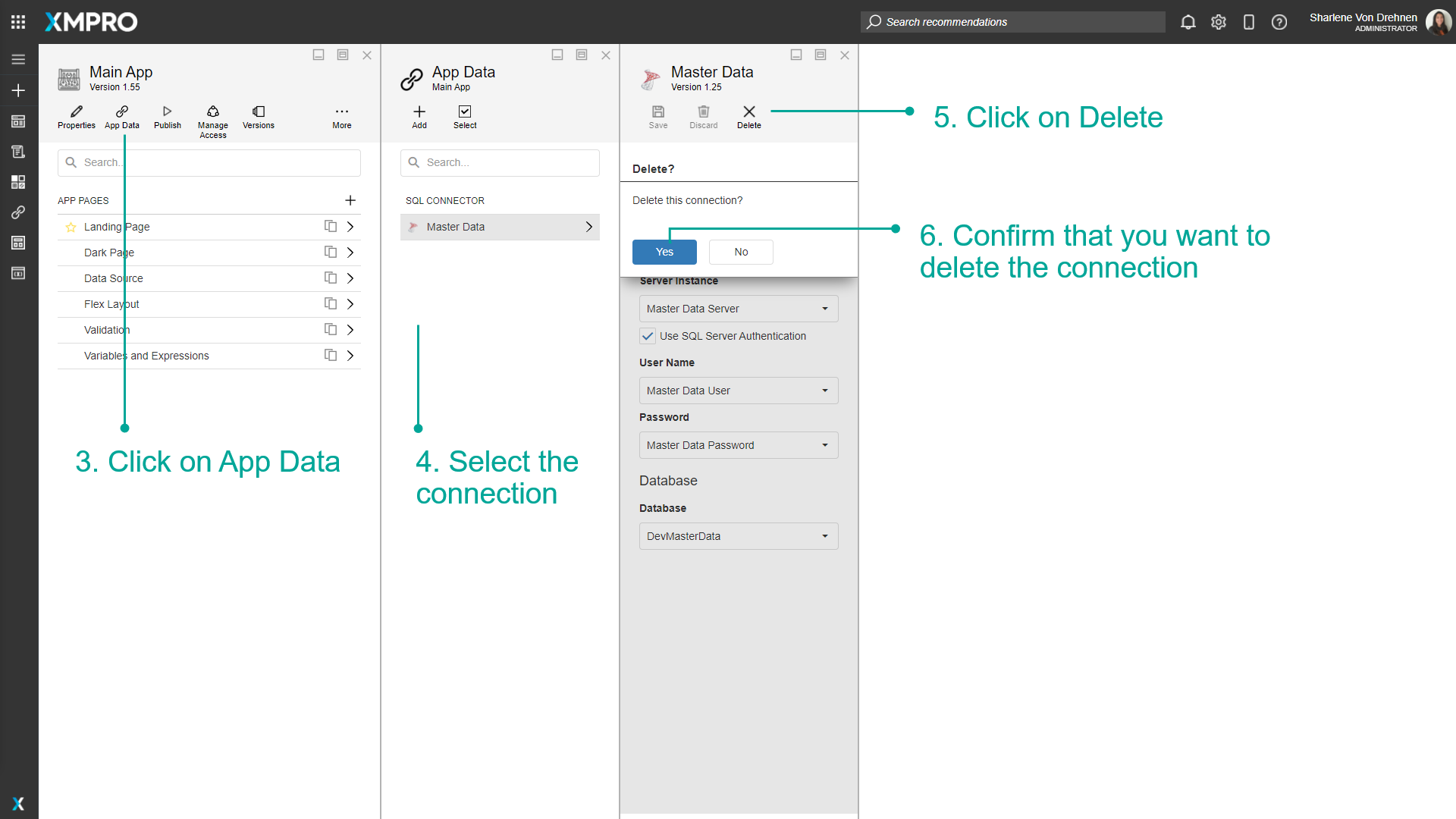 Screenshot showing the App Data panel with a connection selected. The Delete button is highlighted in the top toolbar, indicating where to click to remove the selected connection.