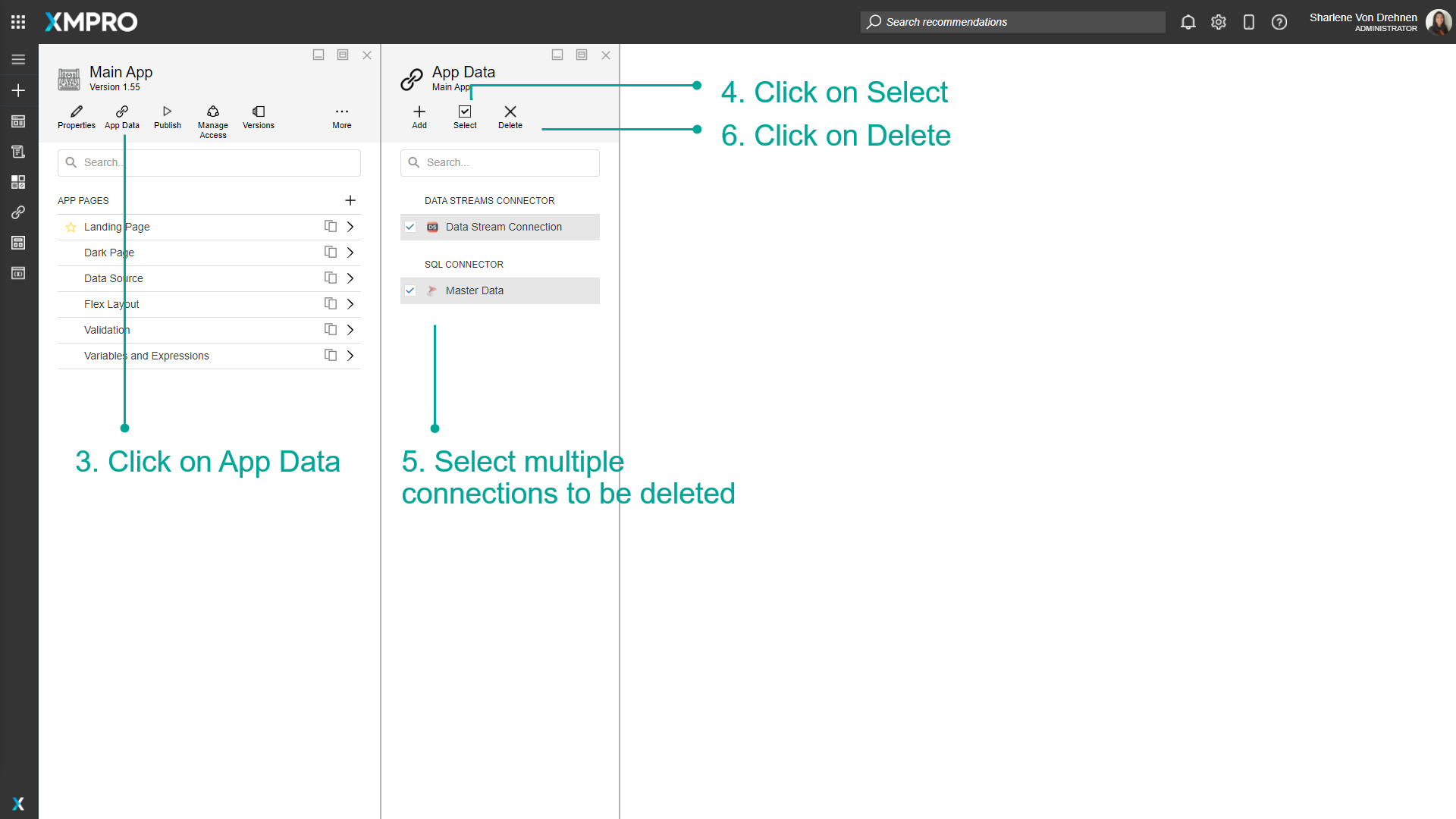 Screenshot of the App Data panel in multi-select mode. Multiple connections are selected with checkboxes, and the Delete button is highlighted in the toolbar, showing how to delete multiple connections at once.