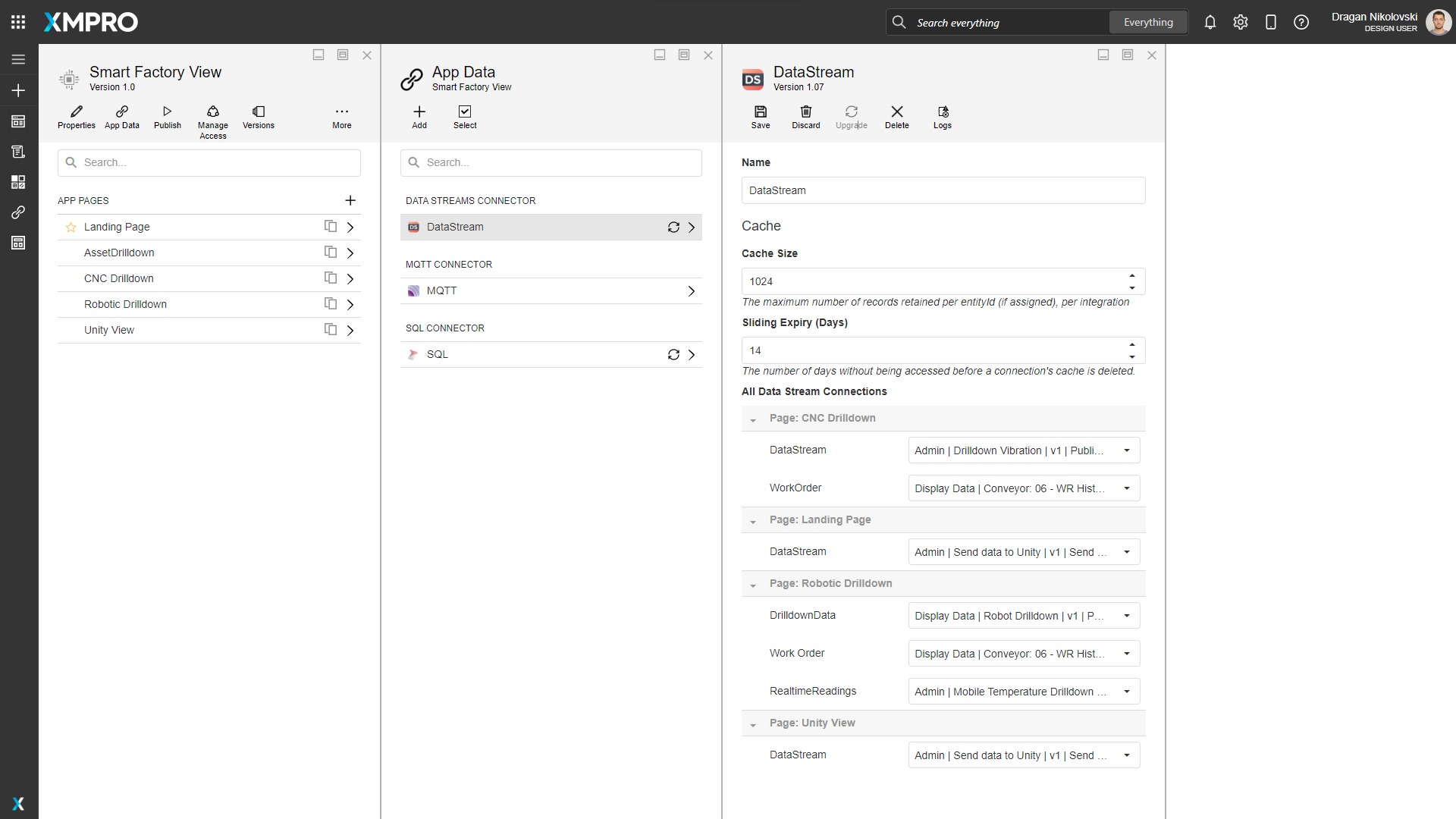 Screenshot of the Data Stream Connections panel showing a list of data streams used in the application. Each connection displays its name, type, and version information, organized by the pages where they are used.