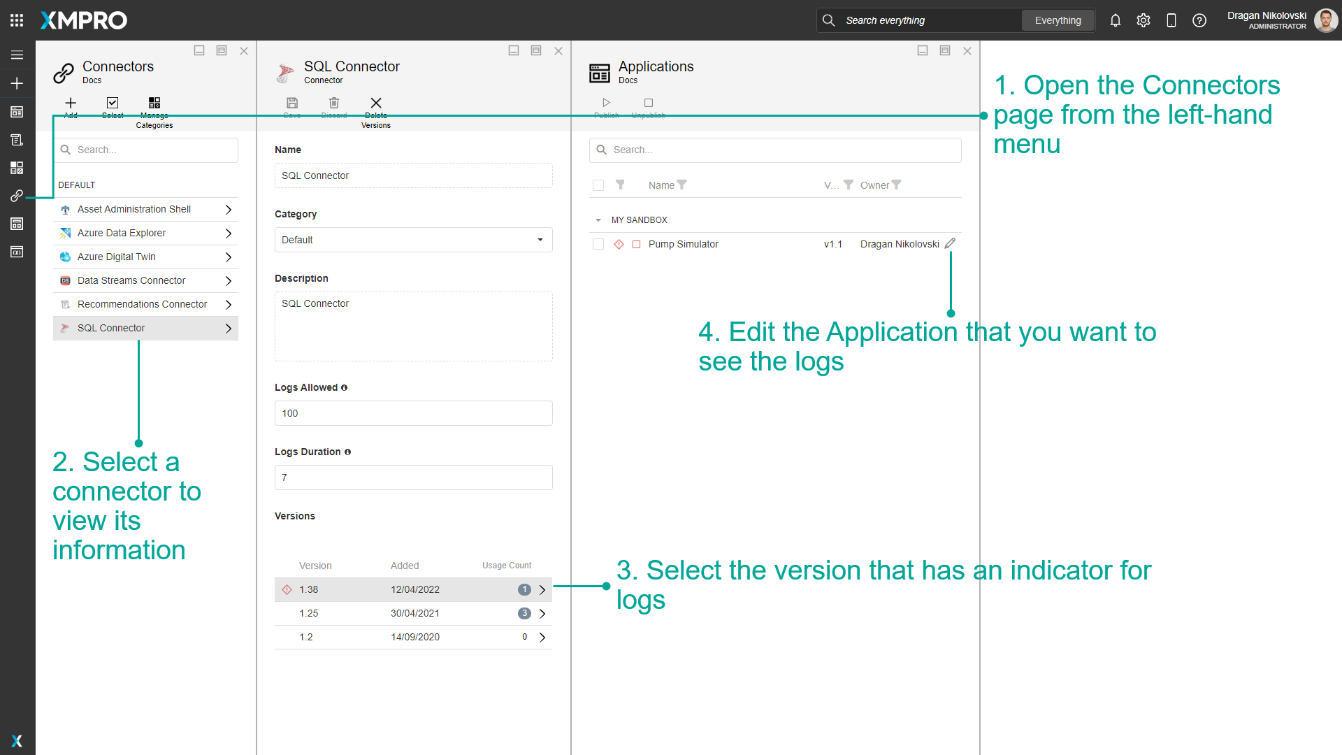 Screenshot showing the connector selection interface with error indicators. A red error icon appears next to a connector version, indicating unread logs are available.