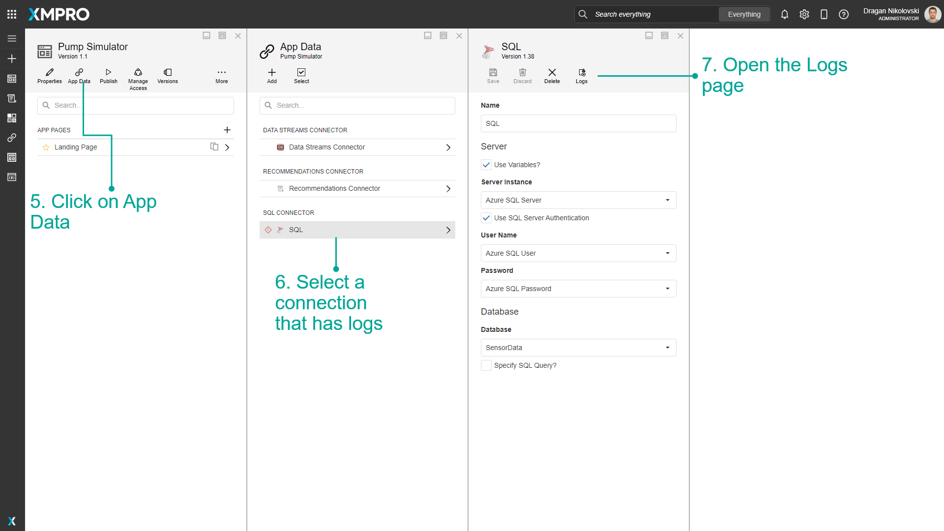 Screenshot of the App Data panel showing the Logs tab for a selected connection. The Logs button is highlighted in the interface to show where to click to access connector logs.