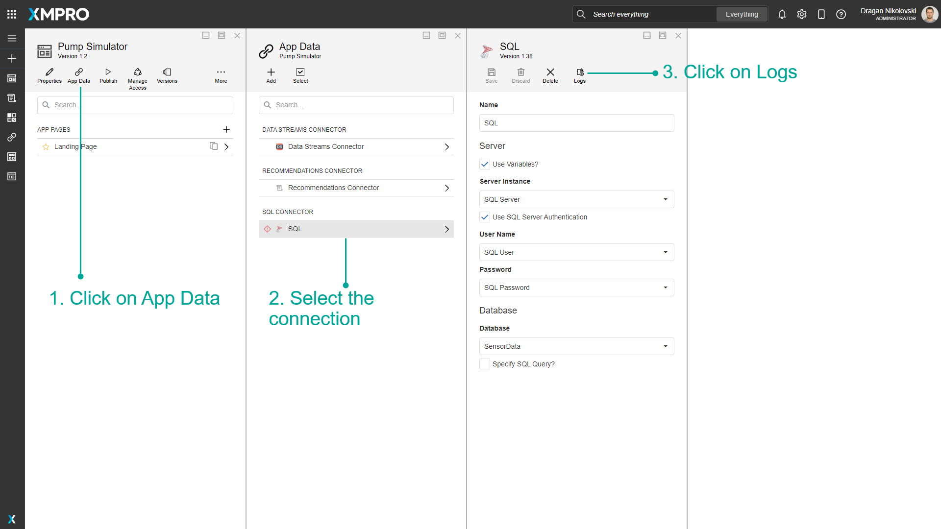 Screenshot showing the App Data panel with a connection selected and the Logs button highlighted in the top toolbar.