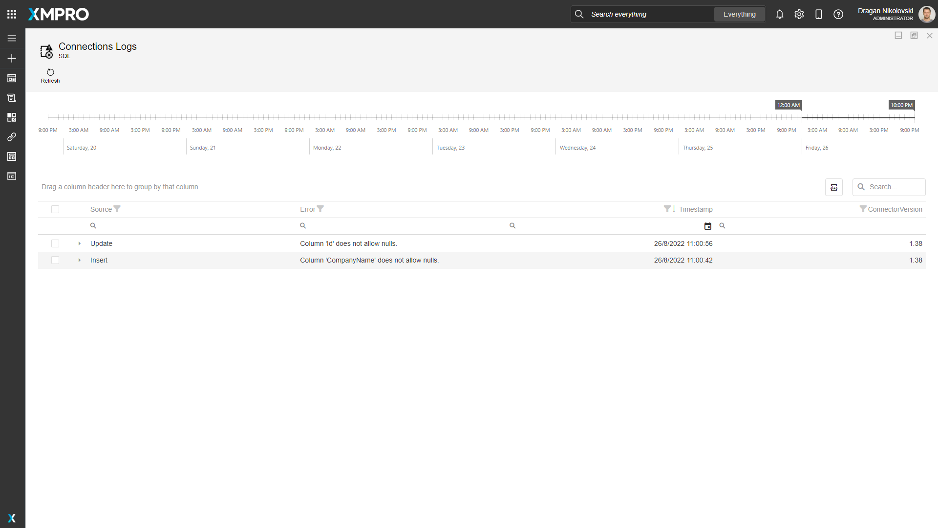 Screenshot of the maximized logs view showing a table of log entries with columns for timestamp, log level, and message content. The view displays multiple log entries in chronological order.