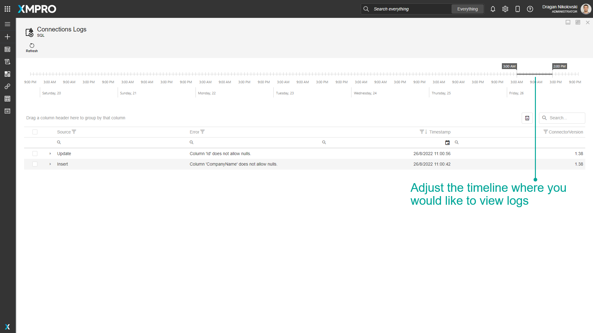 Screenshot showing the timeline slider feature above the logs table. The slider allows users to filter logs by selecting a specific time period.