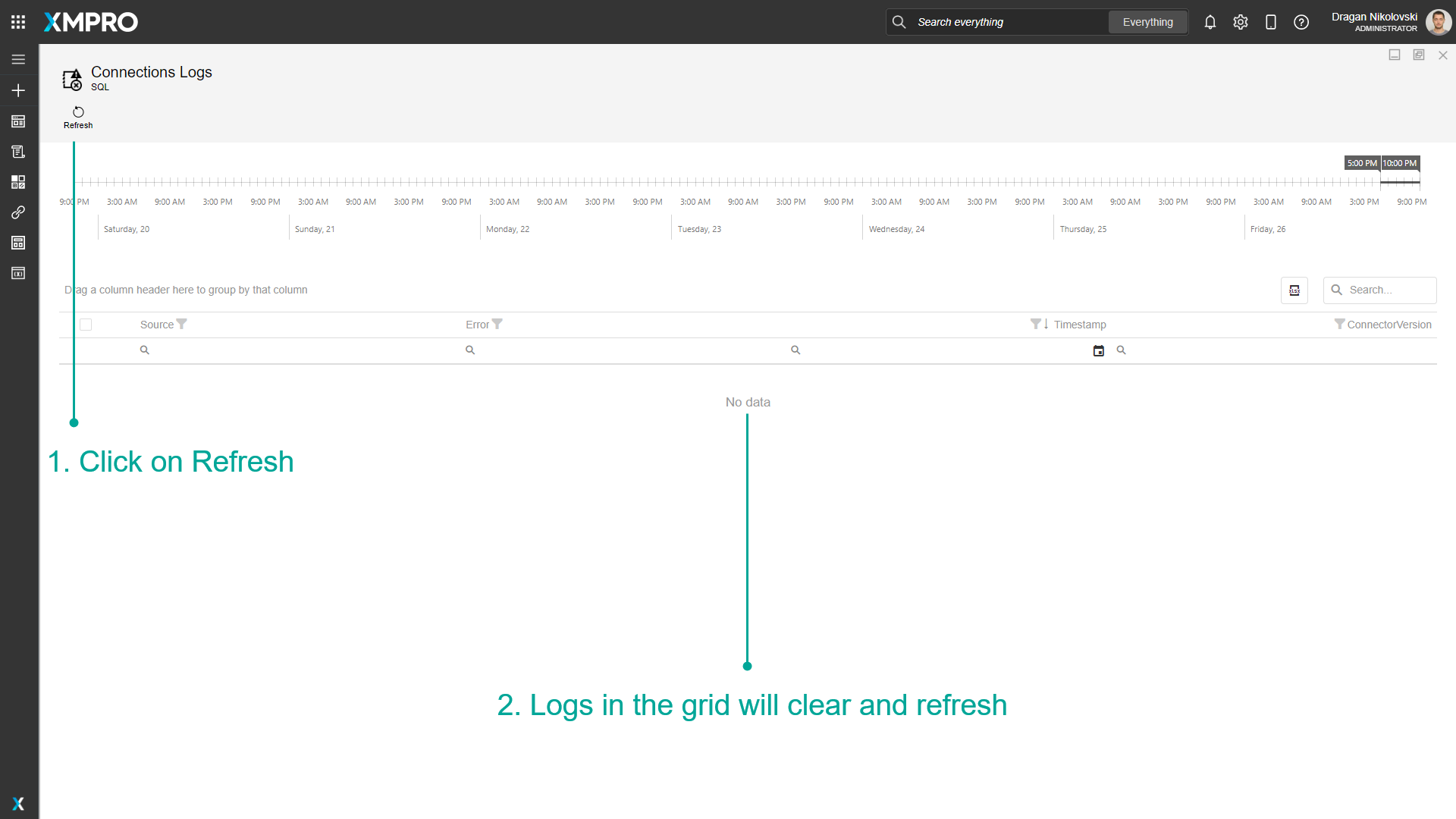Screenshot highlighting the Refresh button in the logs interface. The refresh button is positioned in the toolbar above the logs table.