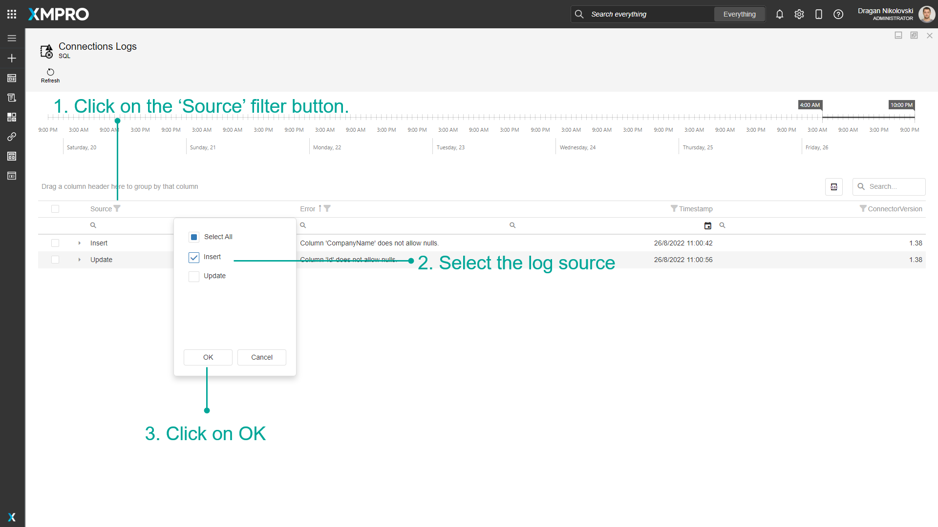 Screenshot showing the log filtering options. The Source filter dropdown is open, displaying various log source options that can be selected to filter the logs by their origin.