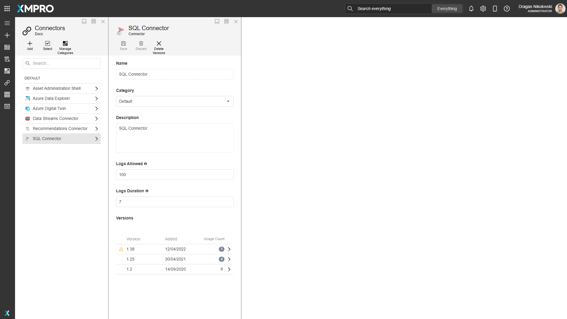 Screenshot of the connector log limits configuration panel showing settings for number of logs allowed and logs duration in days. The interface shows input fields where an administrator can adjust these values.