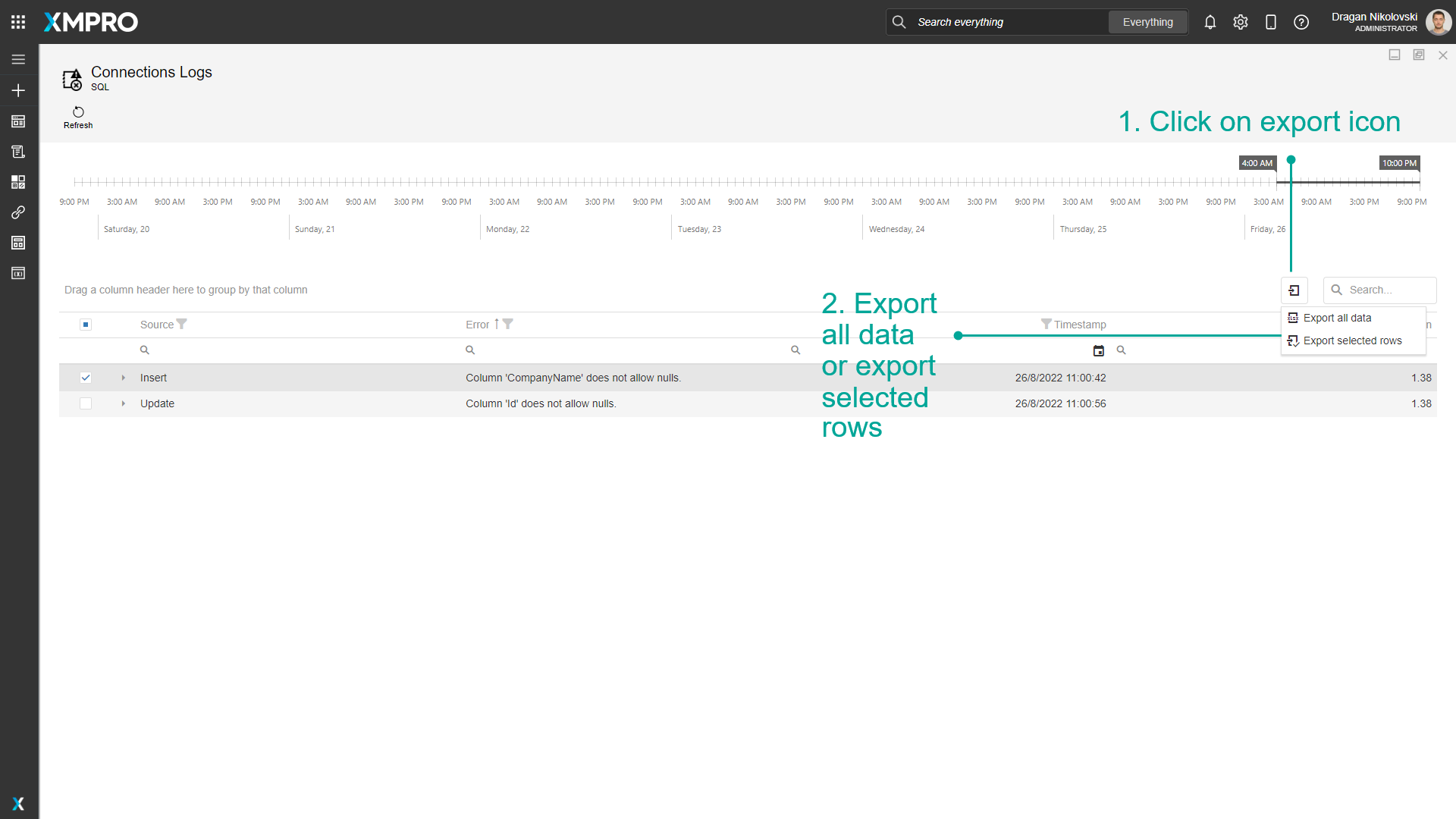 Screenshot showing the export options for logs. A dropdown menu displays options to "Export all data" or "Export selected rows" allowing users to save log data for offline analysis.
