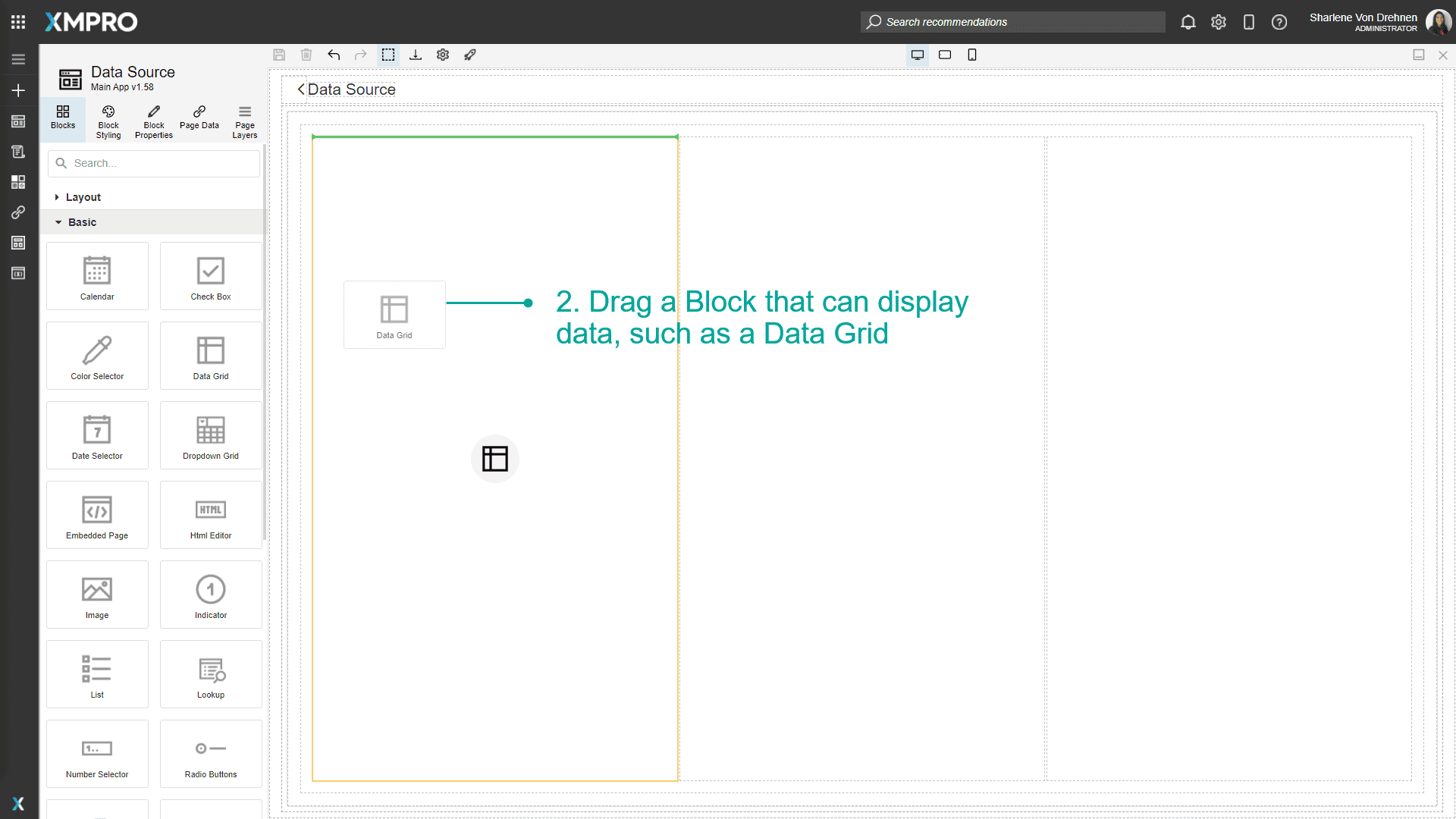 Dragging a data grid block onto the page