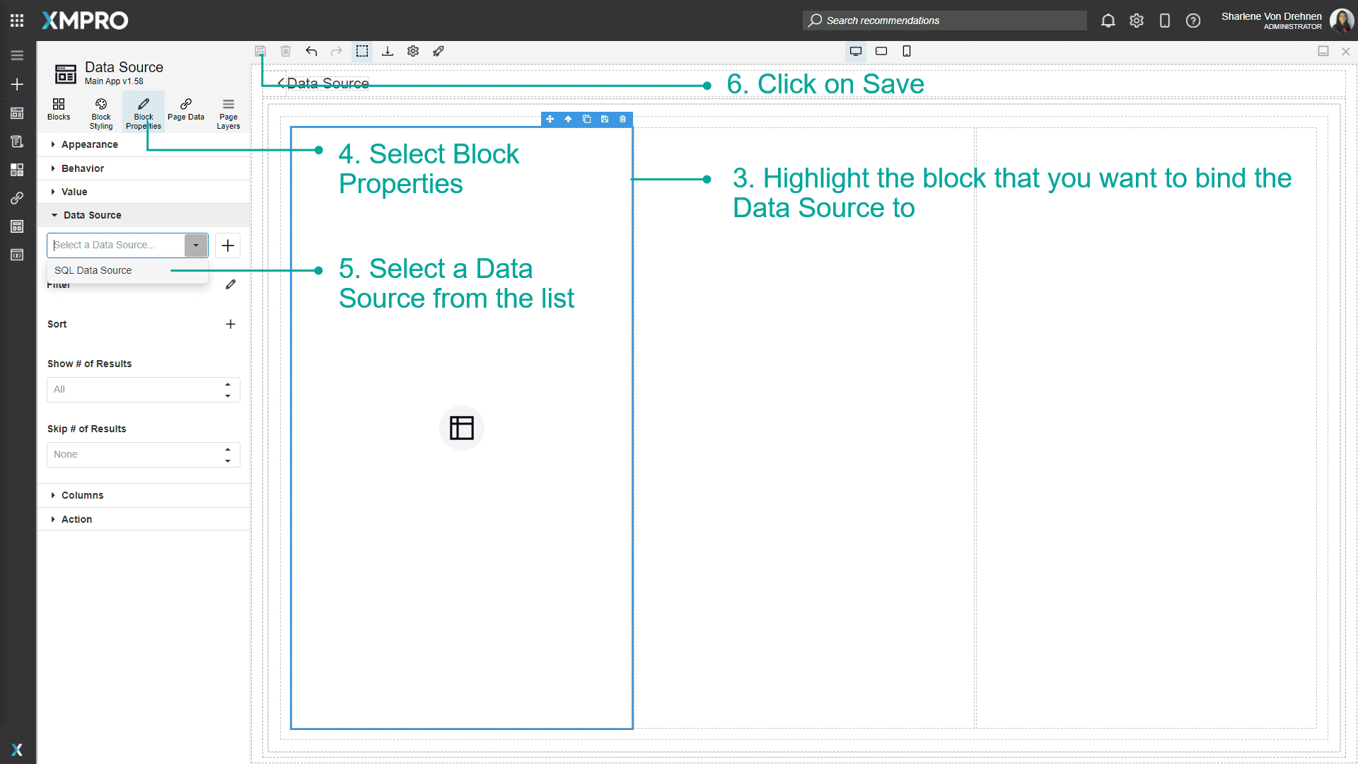Selecting a data source in block properties