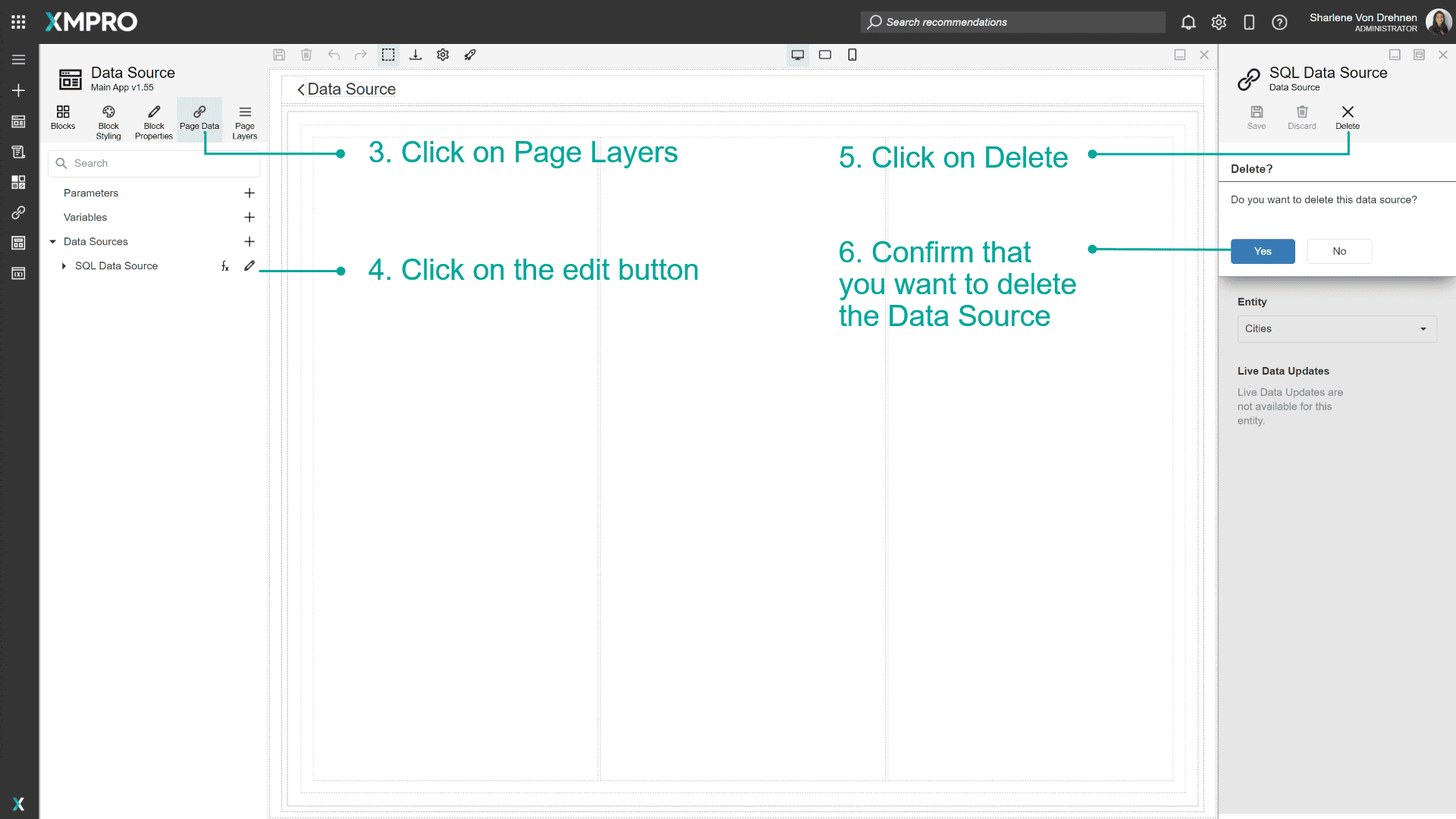 Screenshot showing the delete button and confirmation dialog for removing a Data Source