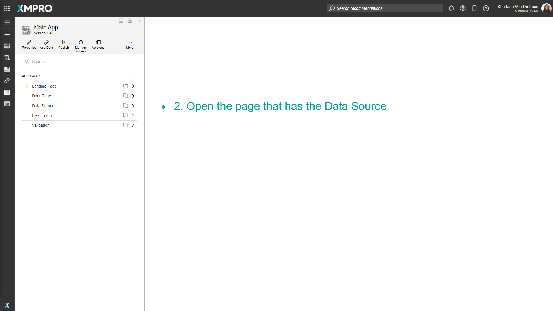 Screenshot showing how to open a page containing the Data Source you want to edit
