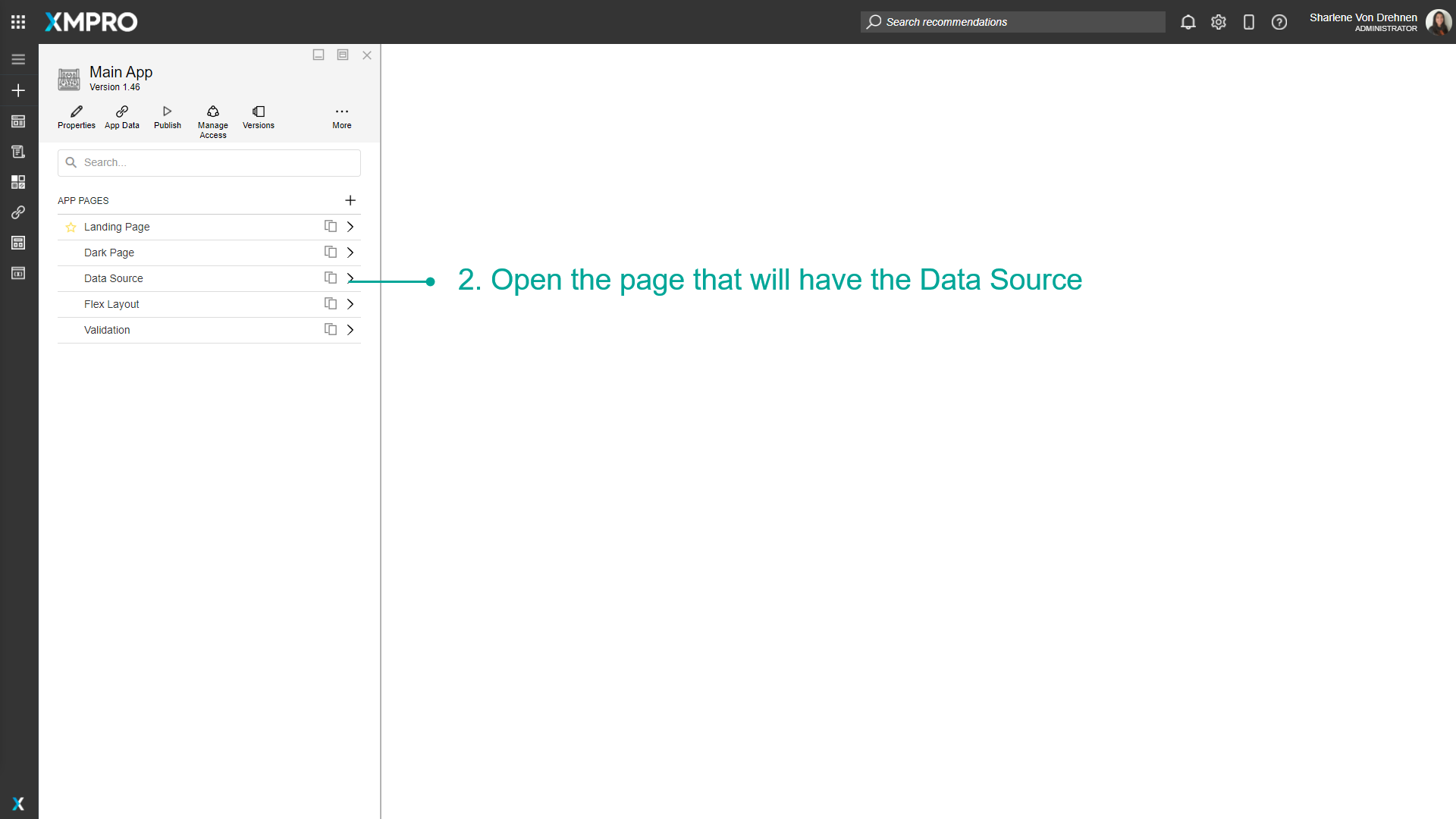 Screenshot showing how to open a page from the pages panel in the App Editor
