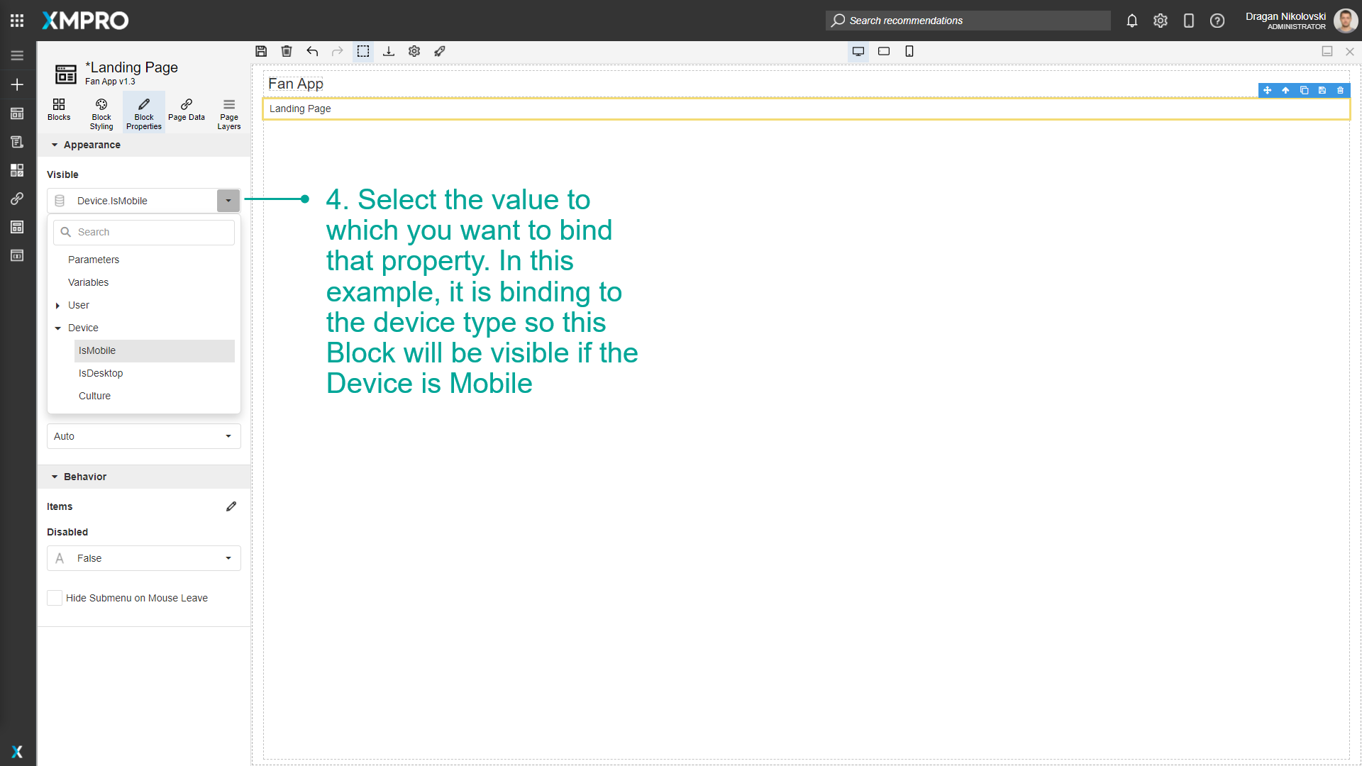 Screenshot demonstrating binding a property to the device type value in the dynamic properties panel