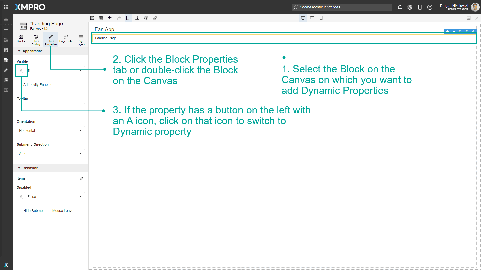 Screenshot showing the dynamic properties icon (letter A) in the block properties panel