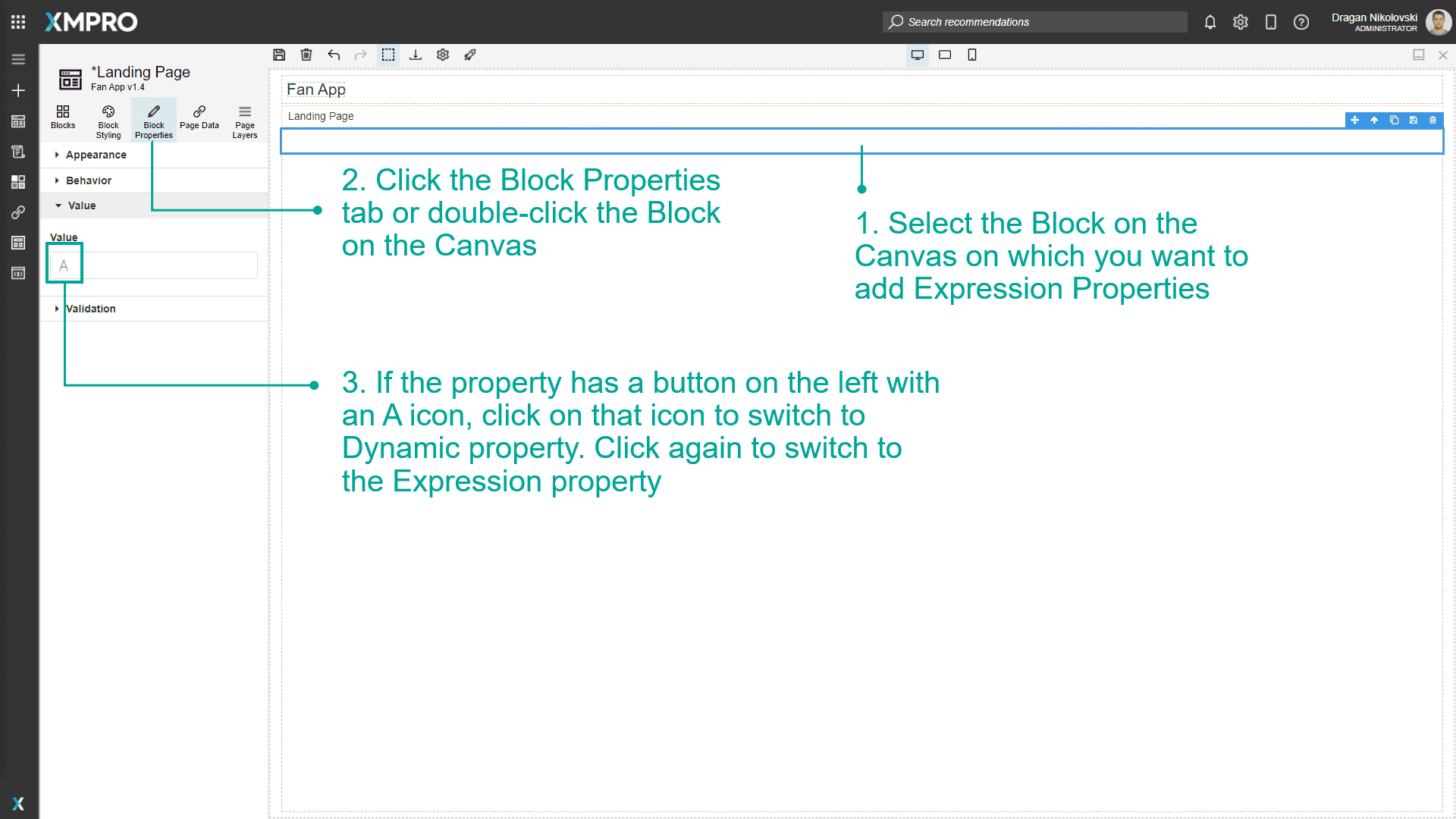 Screenshot showing the expression properties icon in the block properties panel