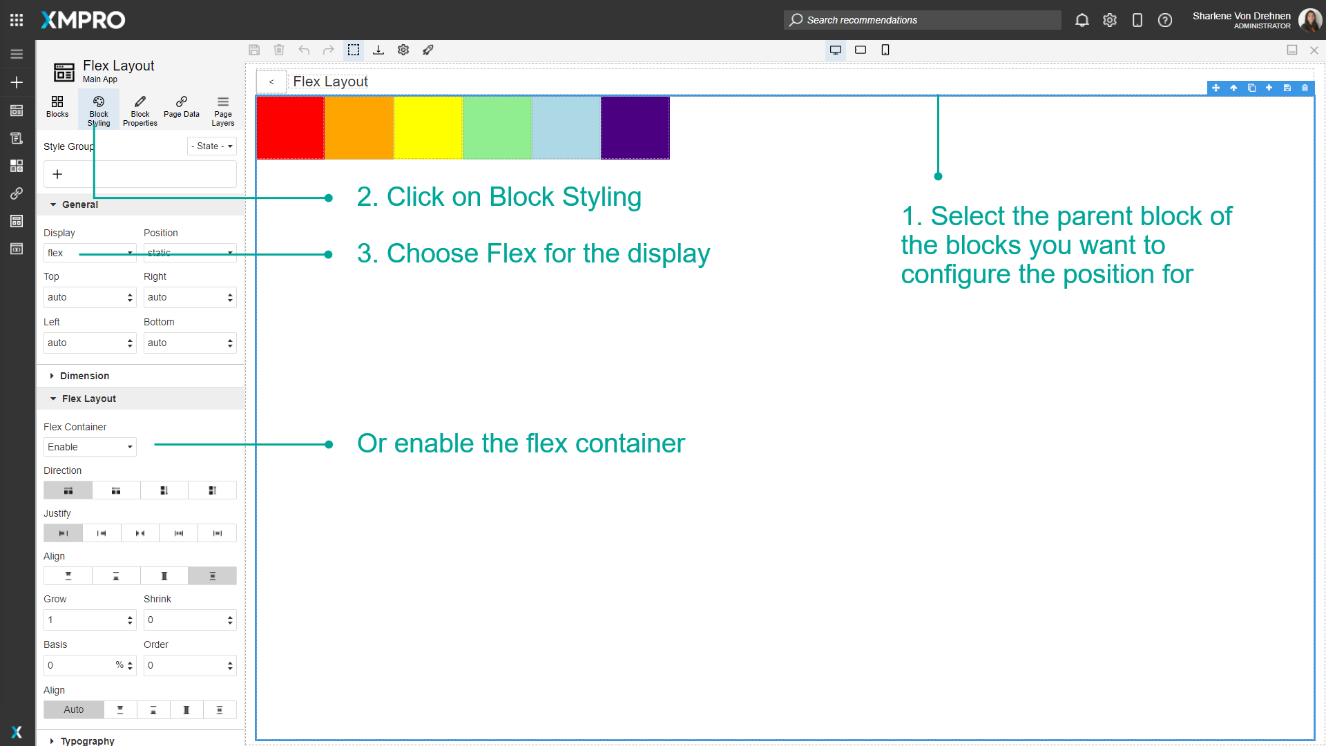 Screenshot of the Block Styling panel showing the Display dropdown set to "Flex". The Flex Container checkbox is checked, activating additional flex properties below it including Direction, Justify, and Align items options.
