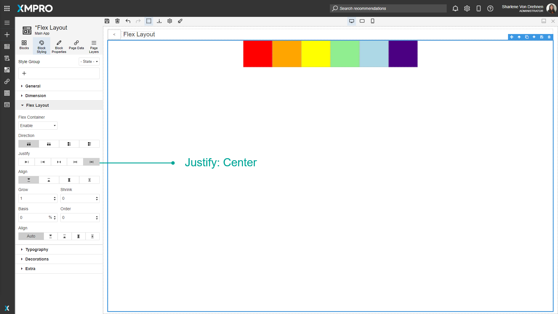 Screenshot showing a flex container with Justify set to "Center". Multiple blocks are centered in the container with equal space on both left and right sides of the group.