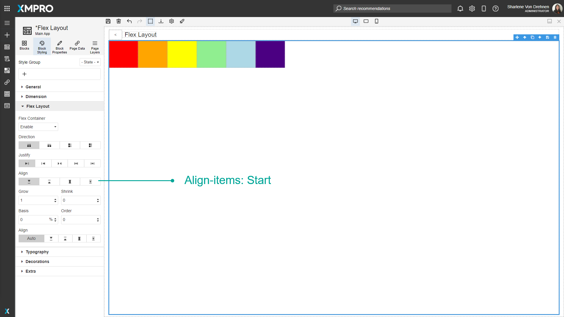Screenshot showing a flex container with Align-Items set to "Start". Blocks of different heights are aligned at the top of the container, regardless of their individual heights.