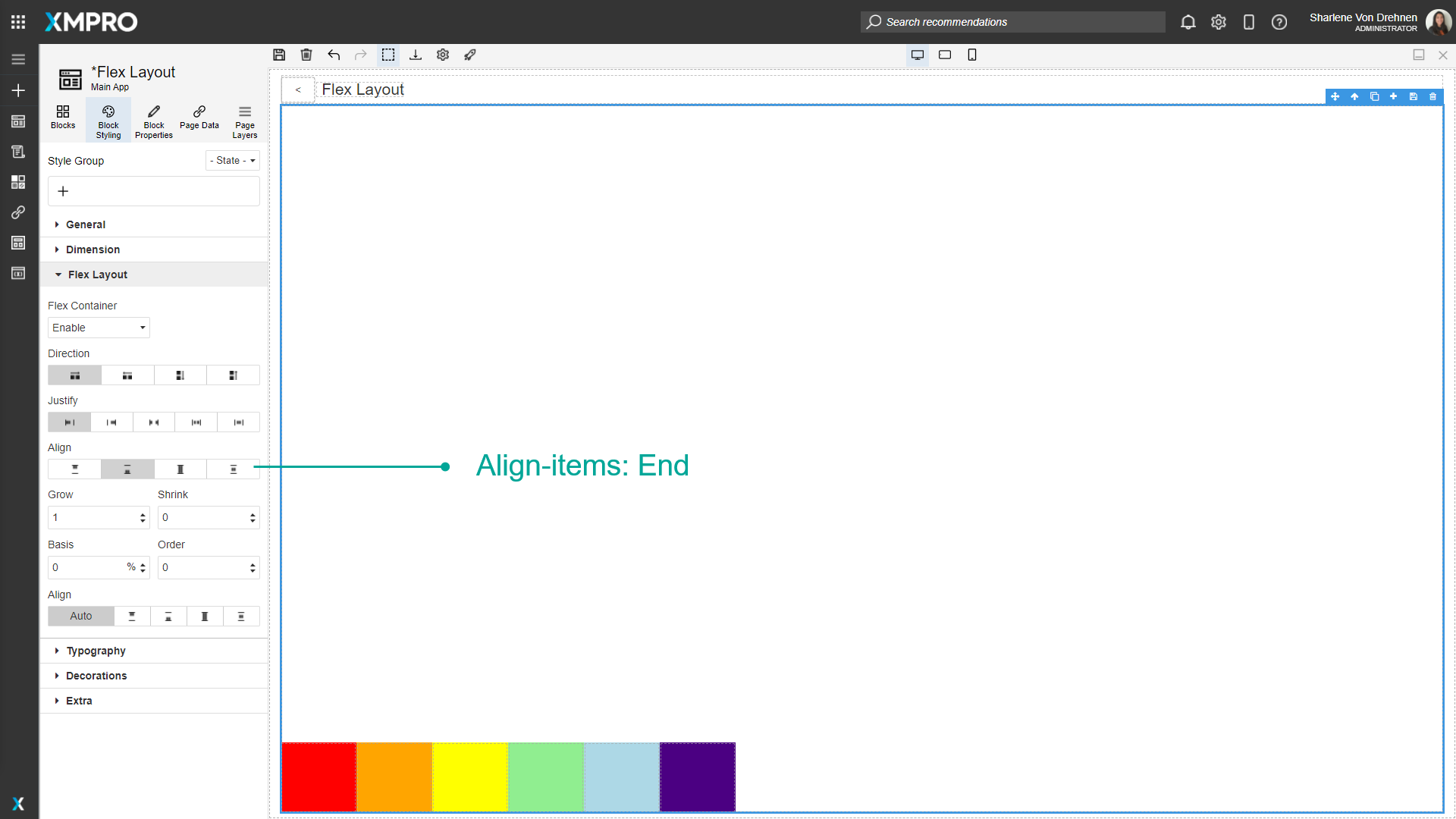 Screenshot showing a flex container with Align-Items set to "End". Blocks of different heights are aligned at the bottom of the container, regardless of their individual heights.