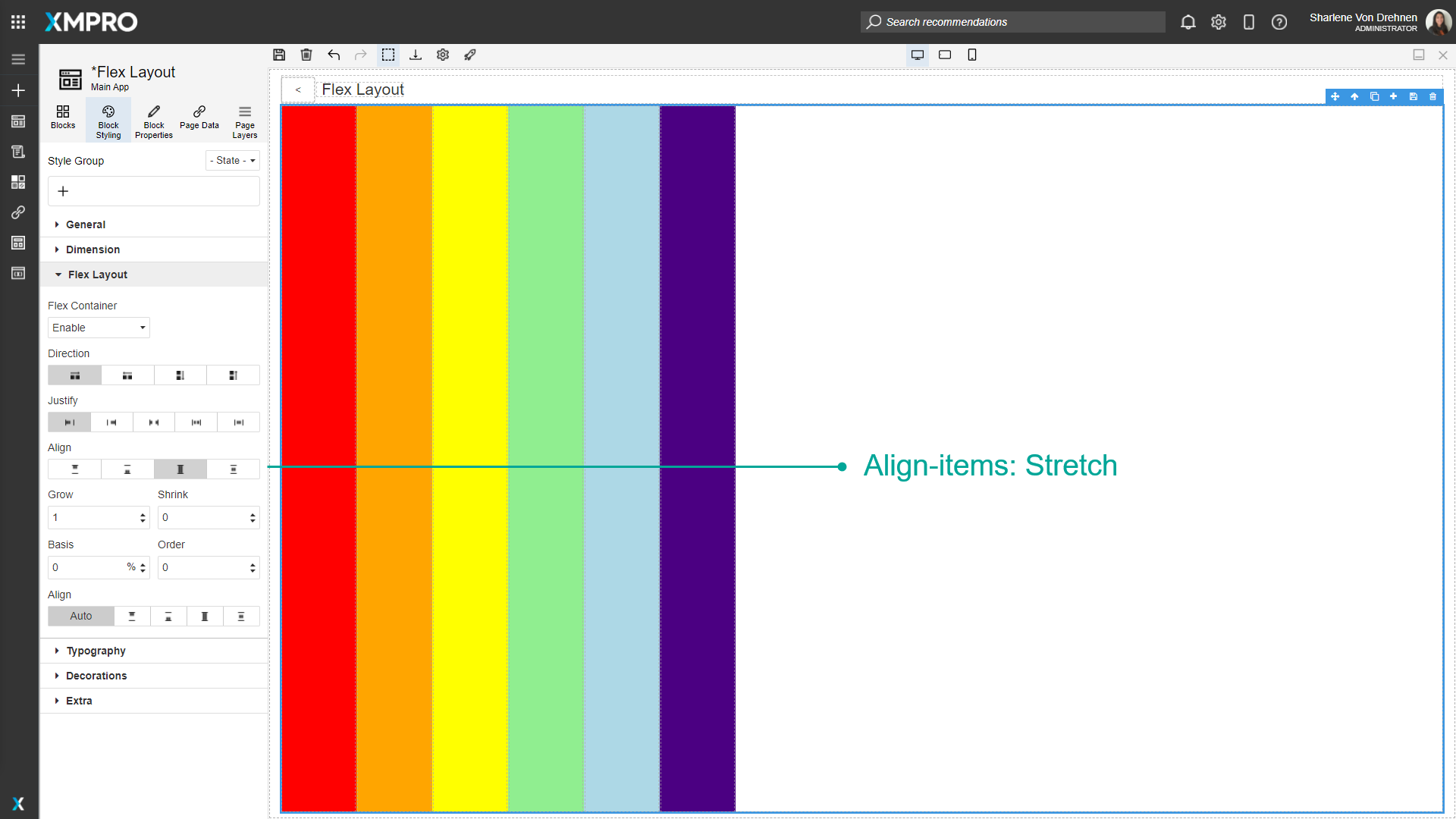 Screenshot showing a flex container with Align-Items set to "Stretch". All blocks are stretched vertically to fill the entire height of the container regardless of their content.